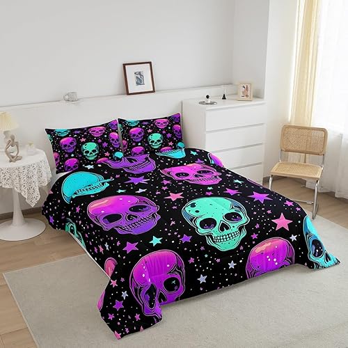 Miniatura 10 de Erosebridal Juego de ropa de cama de calavera de la muerte, juego de ropa de cama de esqueleto claro degradado con temática de Halloween, edredón