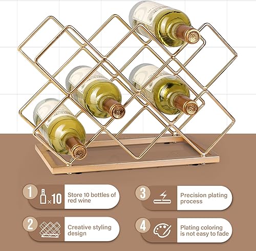 Miniatura 5 de Estante de vino para encimera, 10 botellas, moderno, de metal dorado, pequeño, soporte de vino de mesa para gabinete, despensa, almacenamiento de