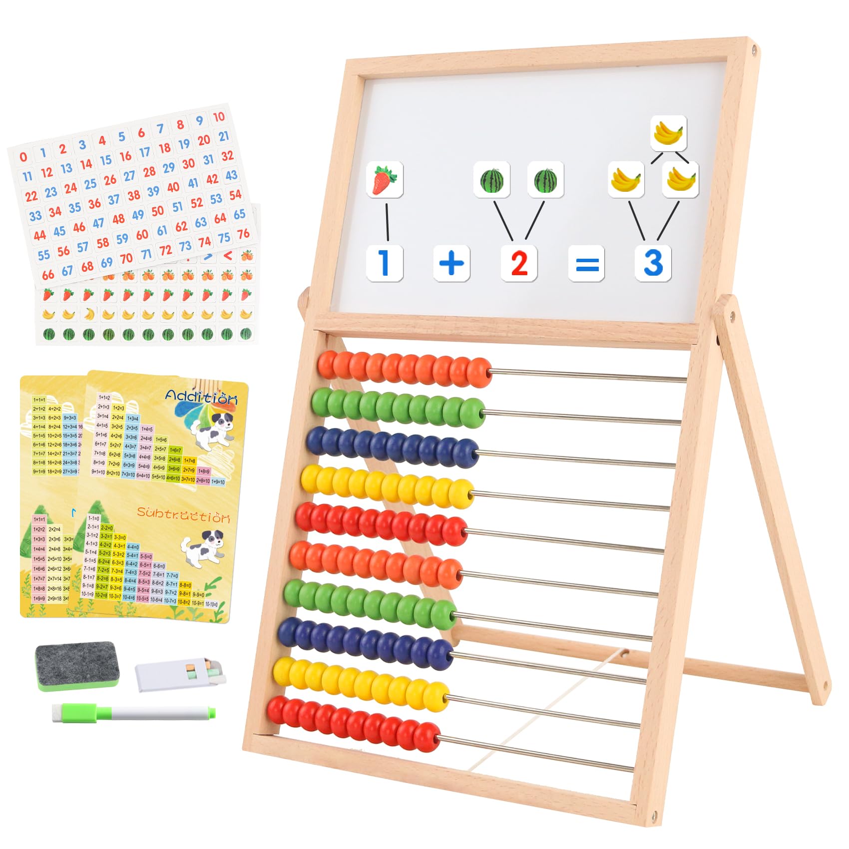 Ábaco de madera para matemáticas para niños, pizarra blanca de doble cara, ábaco magnético para niños de 1 a 3 años con 100 números magnéticos y calcomanías de frutas, juegos educativos de