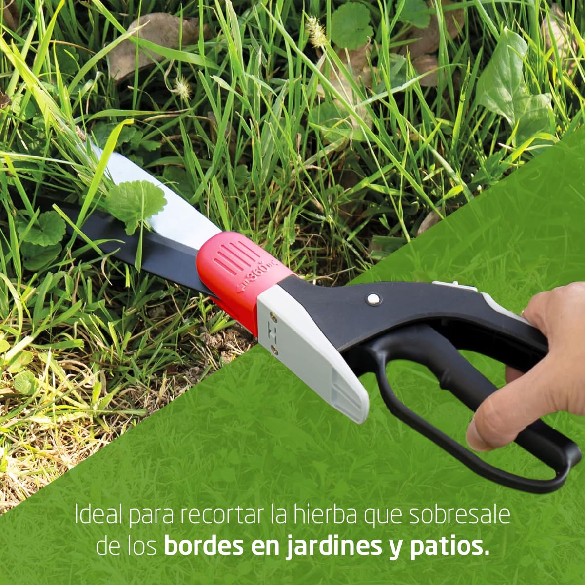 Amig - Tijera Cortacésped - Cuchillas de Acero SK5 Recubiertas de Teflón - Hoja de 380 mm - Cabeza de Corte Giratoria 360º - Mango Inferior con Protección para Bordes y Piedras - Para Podar