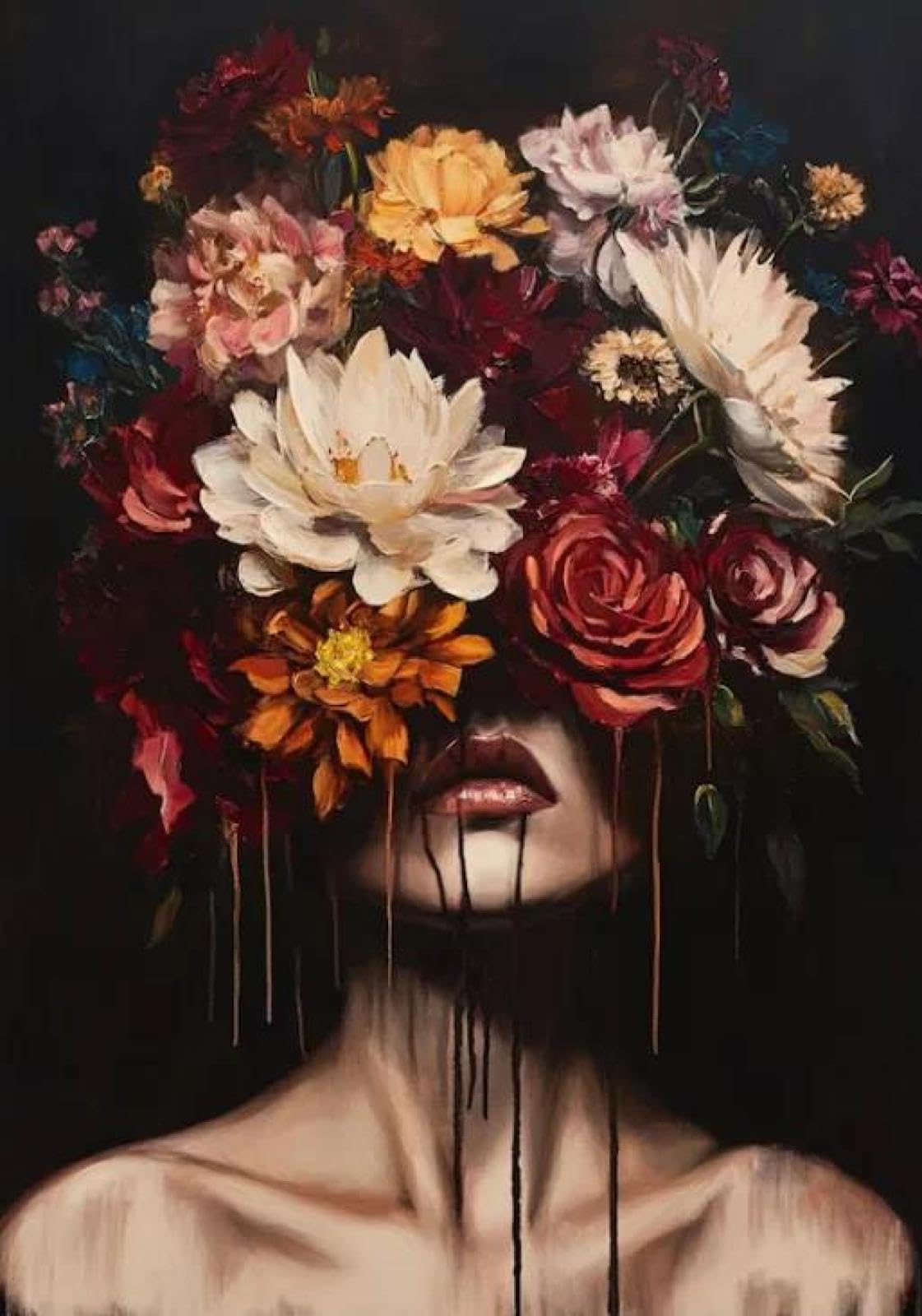 Yocheng Floral Portrait Female Poster Print Abstract Luxury Floral Face Art Canvas Painting Living Room Home Decor 21x30cm No Frame