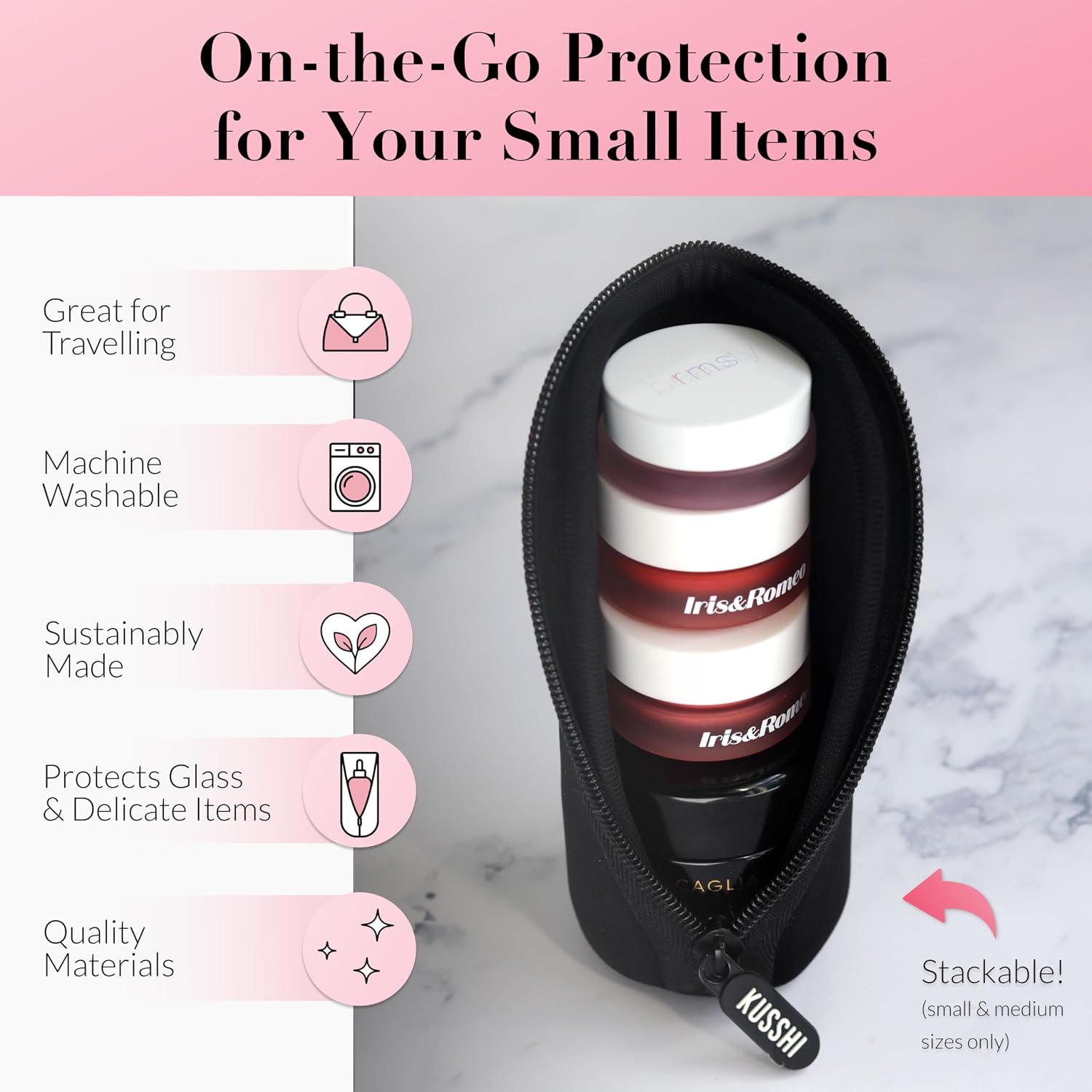 KUSSHI Neoprene Mini Makeup Pouch for Purse and Travel - Small Travel Pouch for Delicate Bottles and Beauty Items - For Foundations, Serums, Perfumes and More - Small Purse Pouch (Size XL, Black) image 3