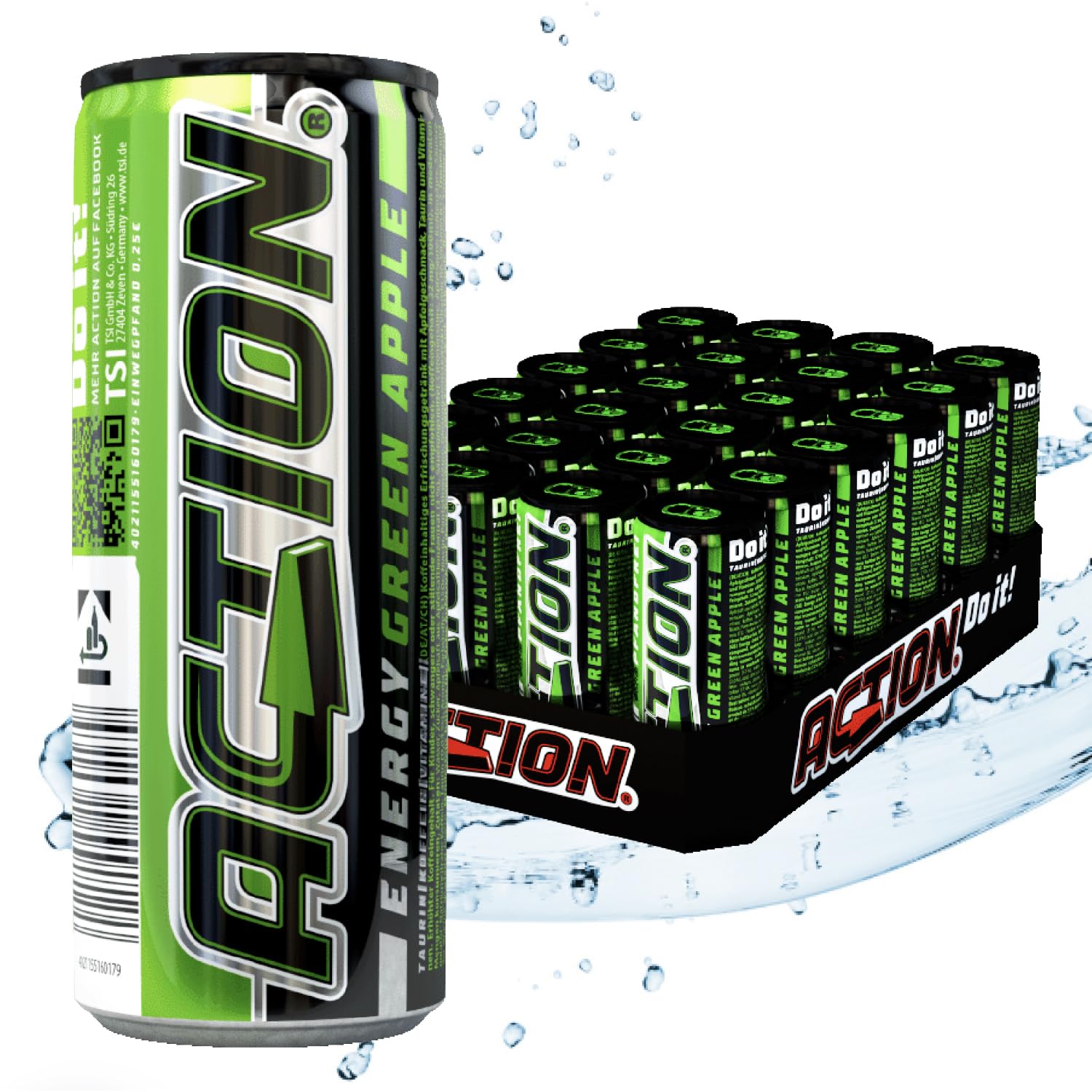 Action Energy Drink Green Apple (48 x 250 ml) incluye depósito – Refresco con sabor a manzana verde – patata energética con mayor contenido de cafeína 31,5 mg/100 ml de cafeína enfoque mejorado