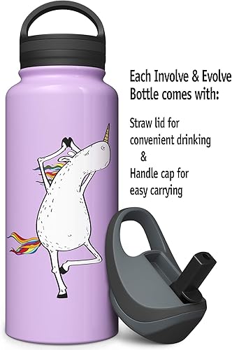 Miniatura 2 de Involve & Evolve Botella de agua aislada con 2 tapas (tapa con pajilla) reutilizable de doble pared de boca ancha de acero inoxidable para niños,