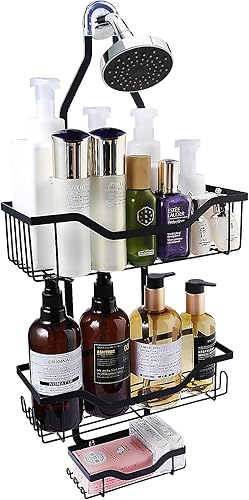 Organizador de ducha para colgar sobre cabezal de ducha, estante de almacenamiento con ganchos para esponja de baño, soporte para champú con cesta