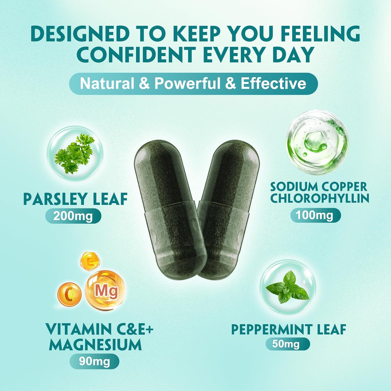 Chlorophyll Body Odor Pills - Natural Freshness Complex with Parsley & Peppermint - Enhanced with Vitamin C, E & Magnesium for Body Balance – 120 Capsules - Image 5
