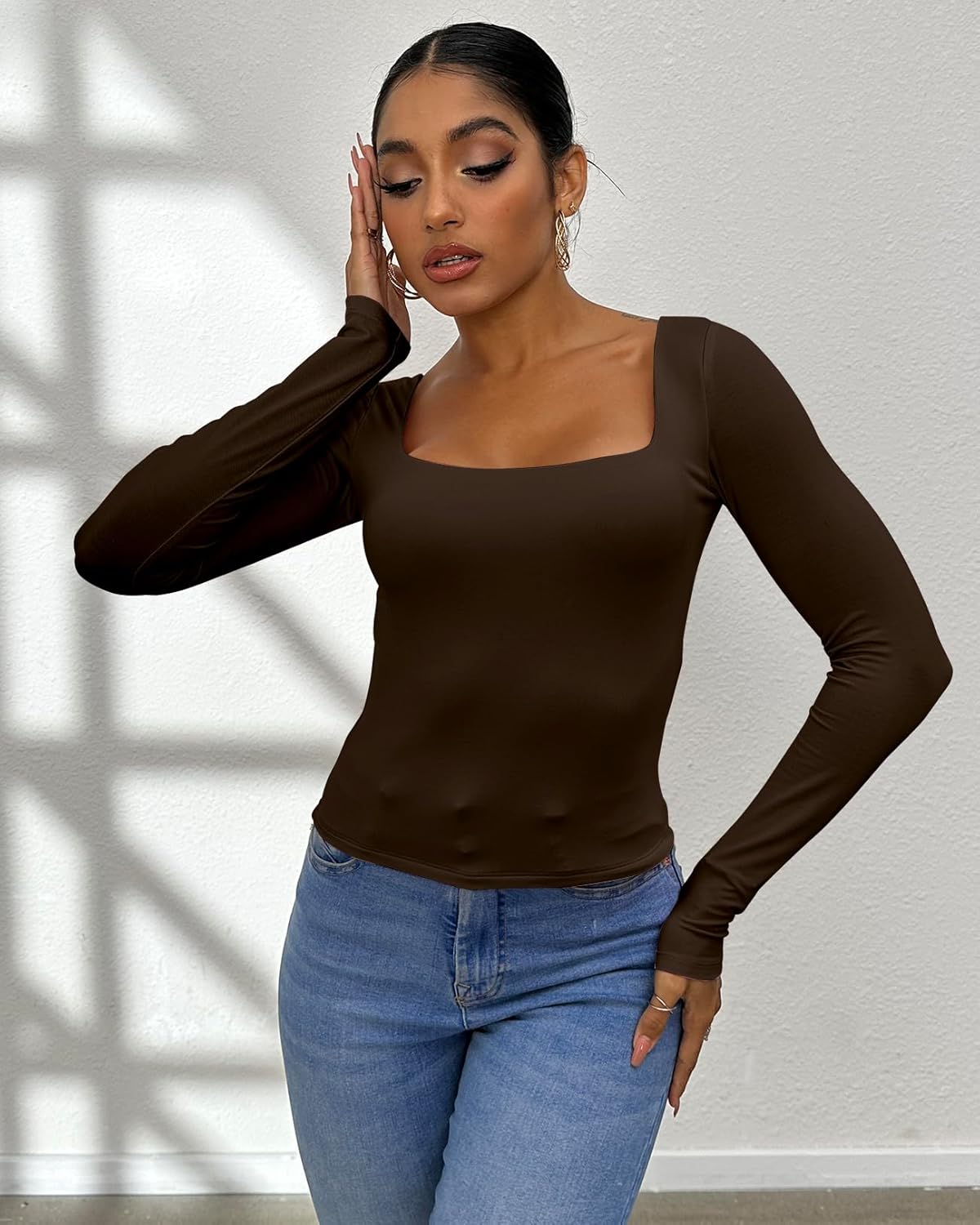 Dwnval Long Sleeve Shirts for Women - Basic Slim Fit Double Lined Square Neck Crop T Shirt - Image 4