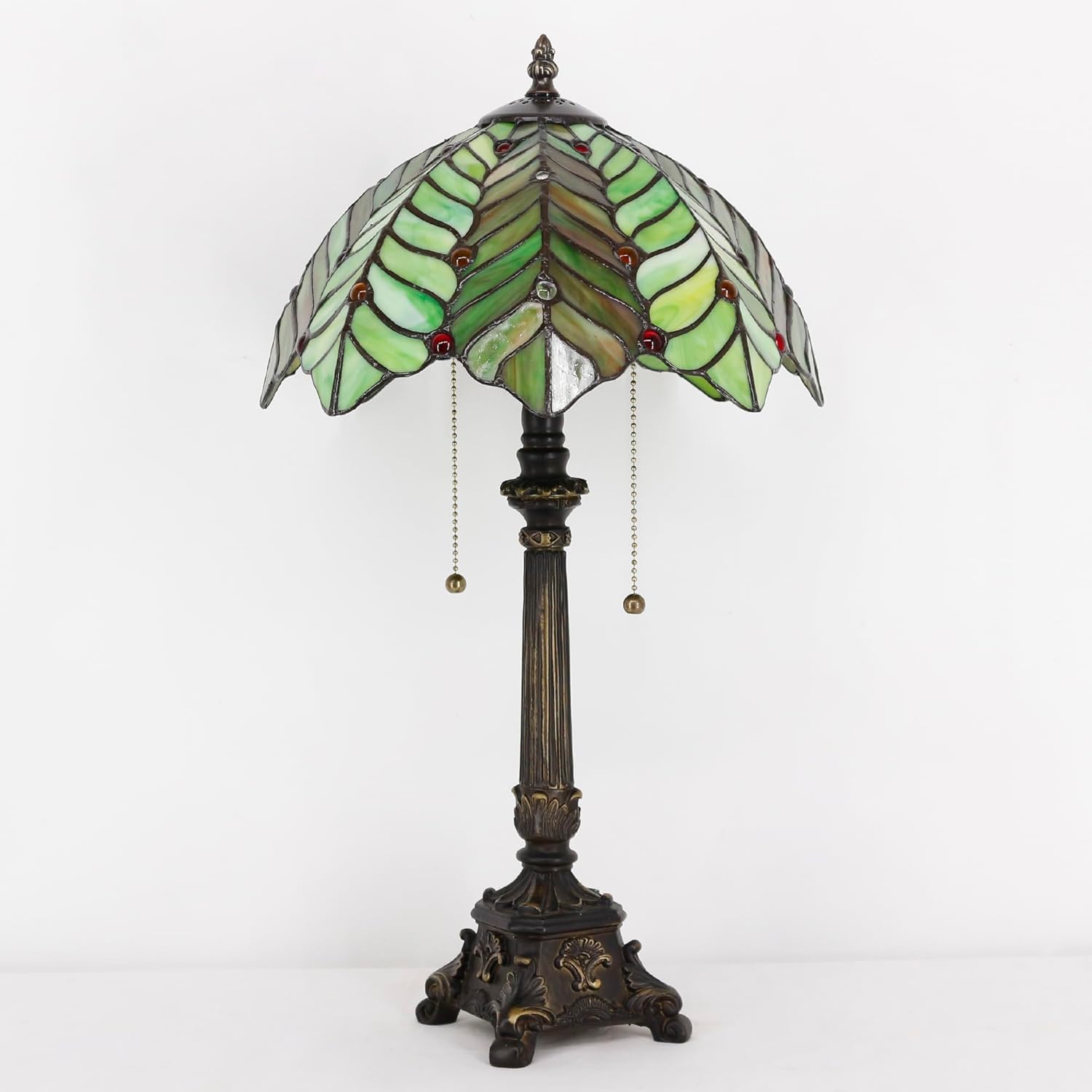 Tiffany Table Lamp Brown Green Leaf Style Stained Glass Desk Lamp 12X12X21 Inches Reading Light