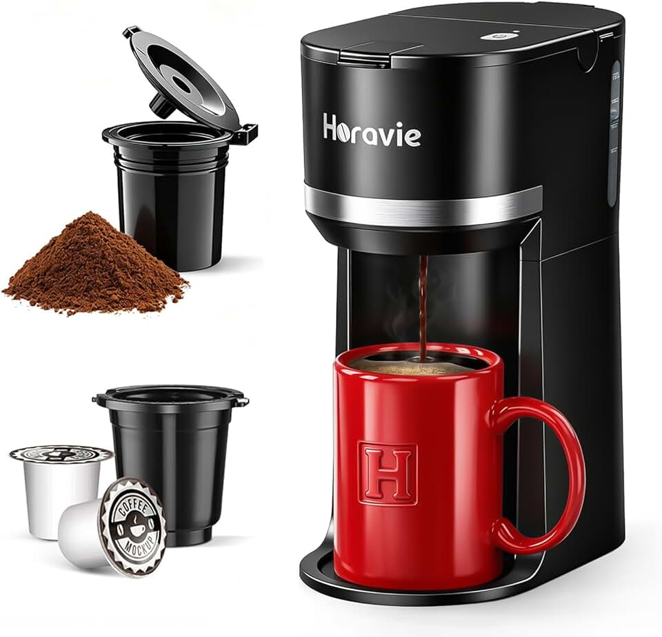 Small Single Serve Coffee Maker for K Cup and Grounds, Fast Brew One Cup Coffee Machine with One Button, 6 to 12 oz. Brew Sizes, P