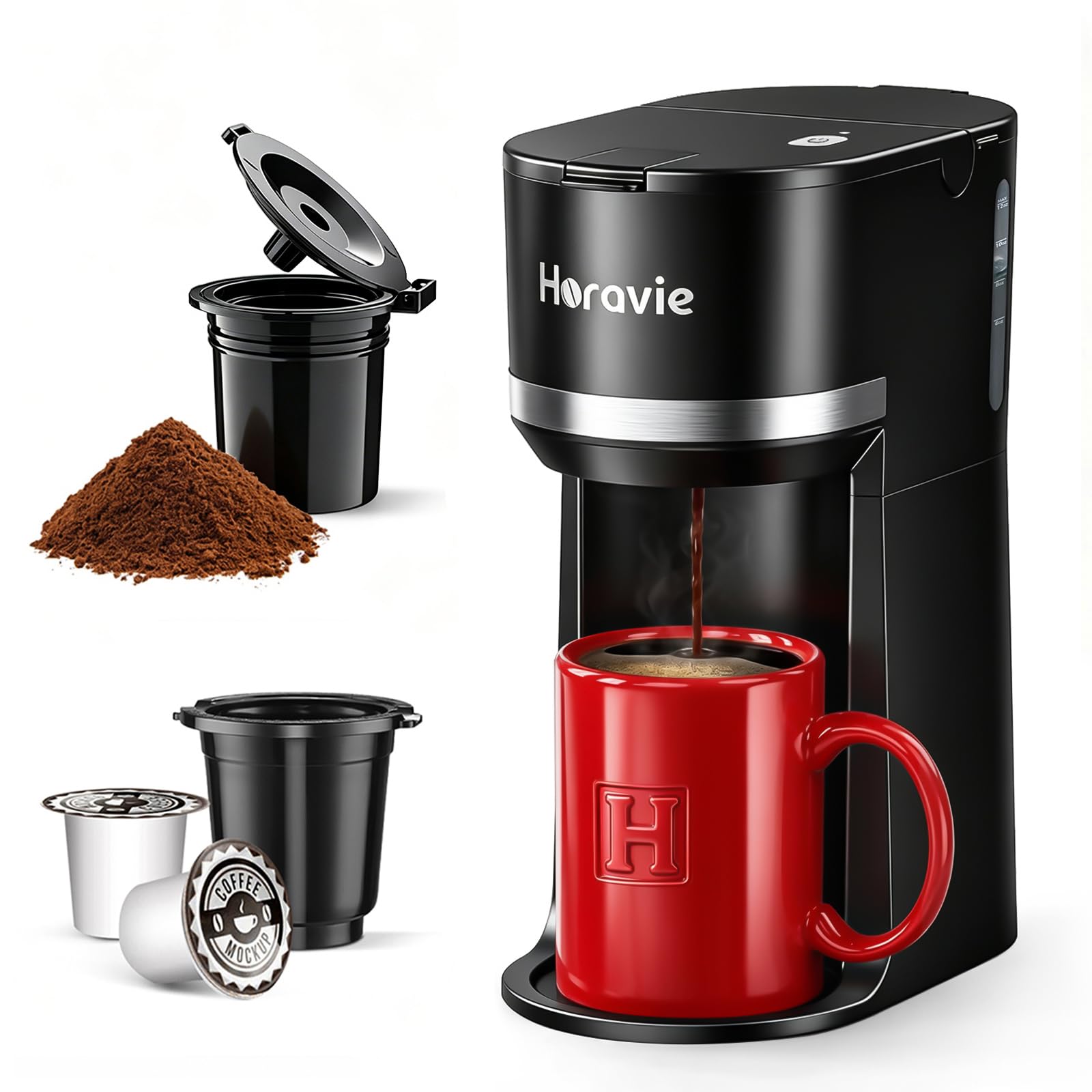 Photo 1 of Horavie Small Single Serve Coffee Maker for K Cup and Grounds, Fast Brew One Cup Coffee Machine with One Button, 6 to 12 oz. Brew Sizes, Perfect for Home and Travel, Black