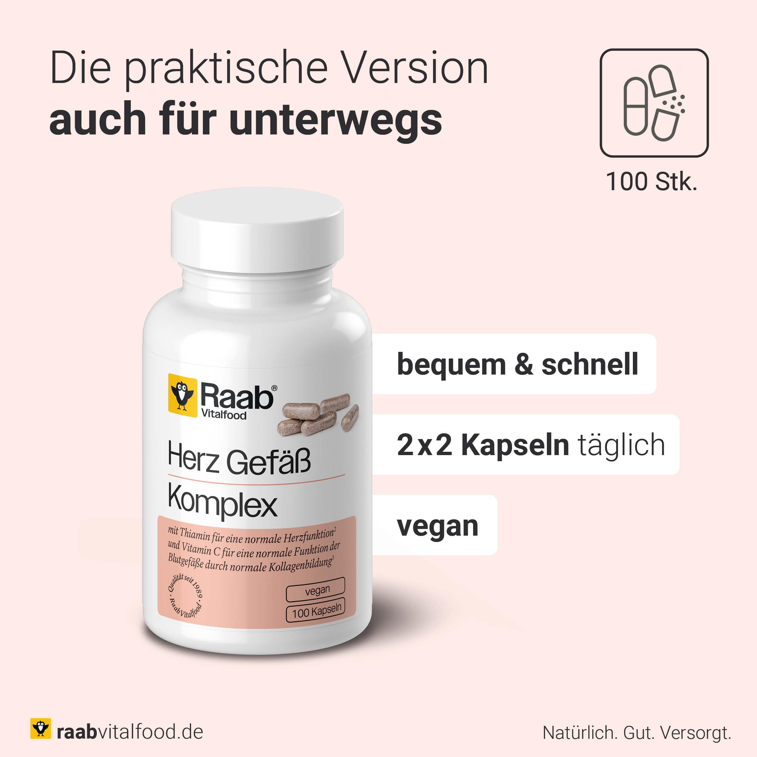 Raab Vitalfood® Herz Gefäß Komplex Kapseln (100 Stück) - Kombination aus Kalium, L-Arginin, schwarzer Knoblauch-Pulver, OPC aus Traubenkernextrakt sowie Thiamin und Vitamin C