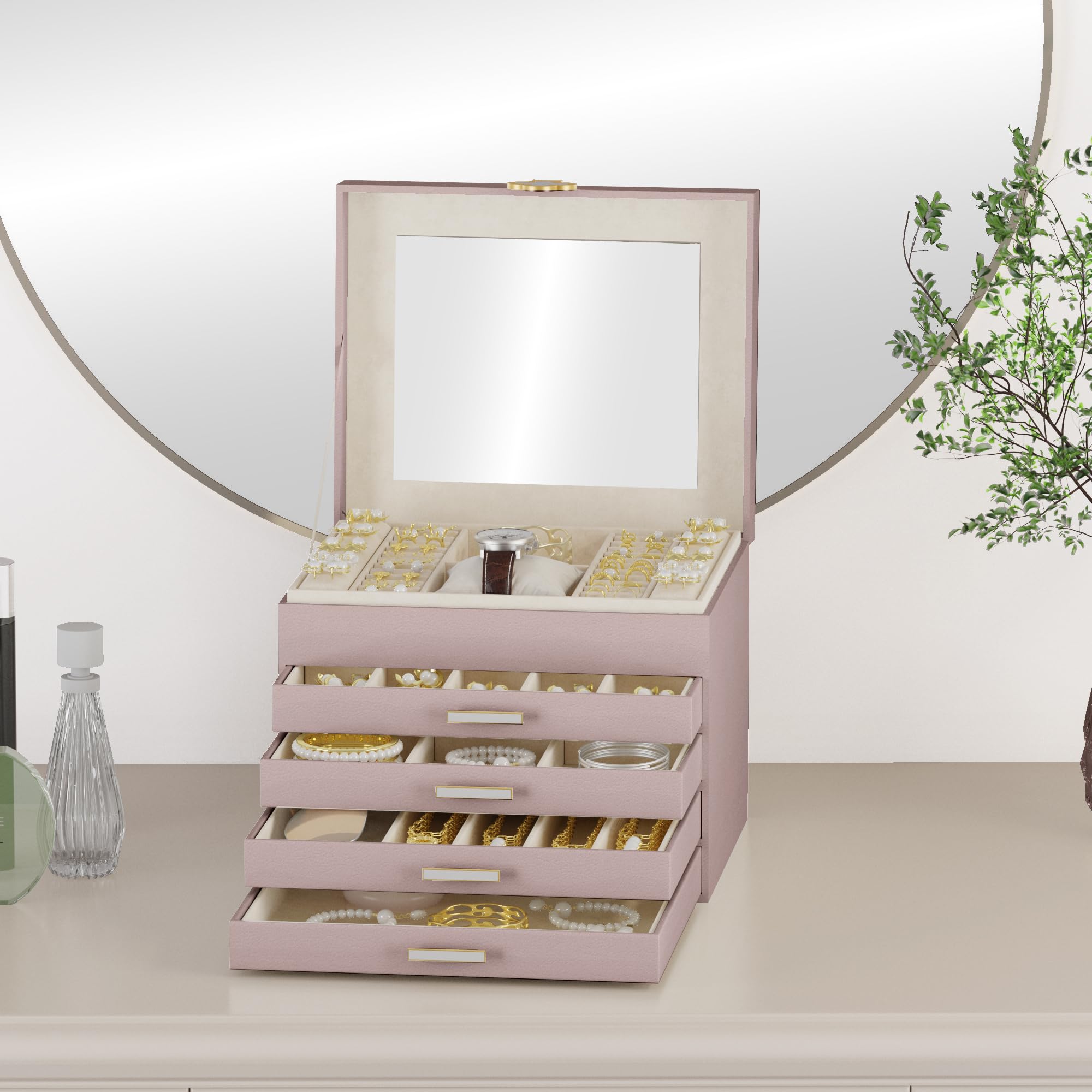 ADEL DREAM Joyero de 5 niveles con botón de trébol, almacenamiento de joyas con bandeja extraíble, organizador de joyas con espejo grande, compartimentos ajustables para manualidades, para madres y