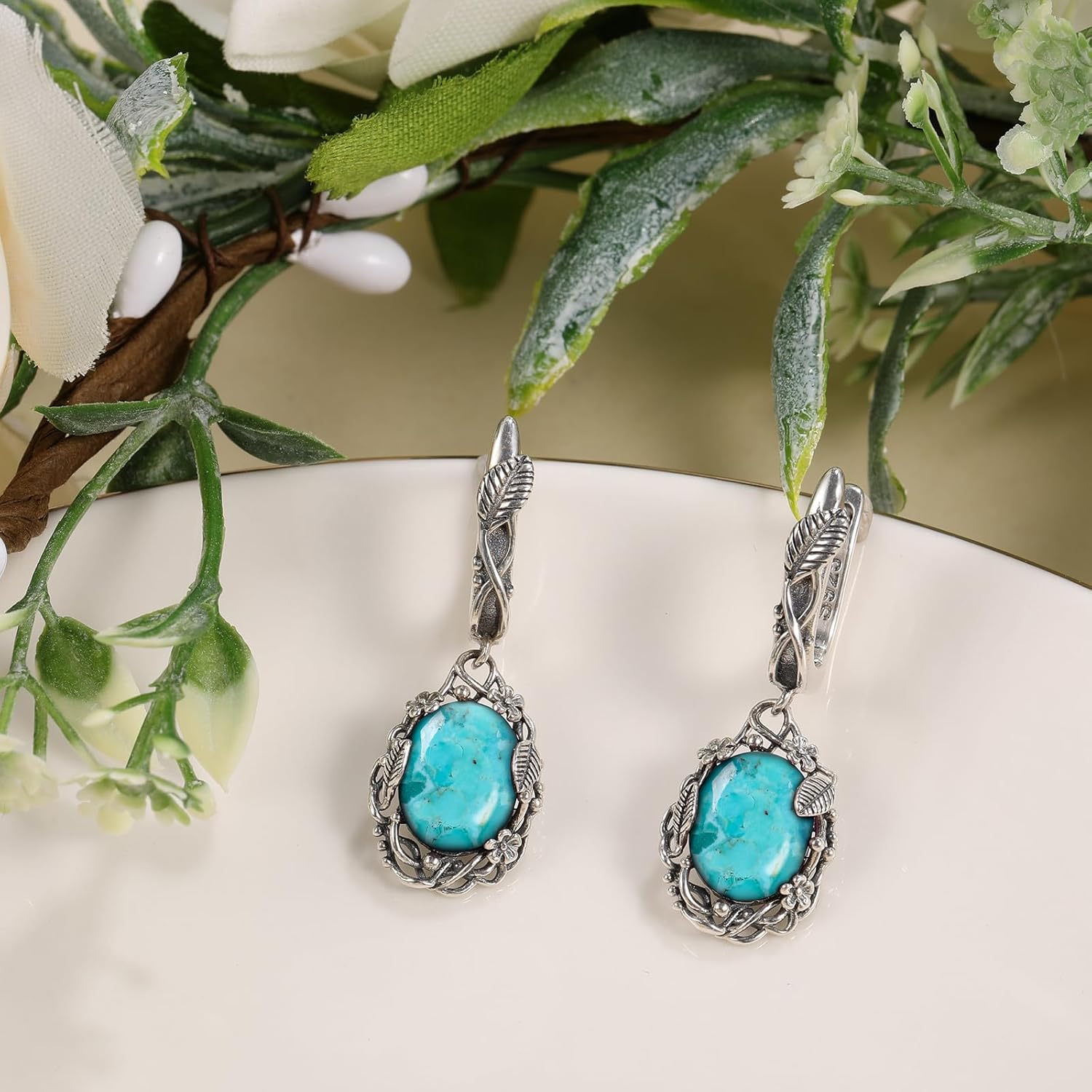 Teal/Blue/Purple Oval Turquoise Dangle Earrings for Women Leaf Vine Flower Latch Back 925 Sterling Silver Earring Vintage Oxidised Boho Turquoise Jewelry Valentines Day Gift for Her - Image 3