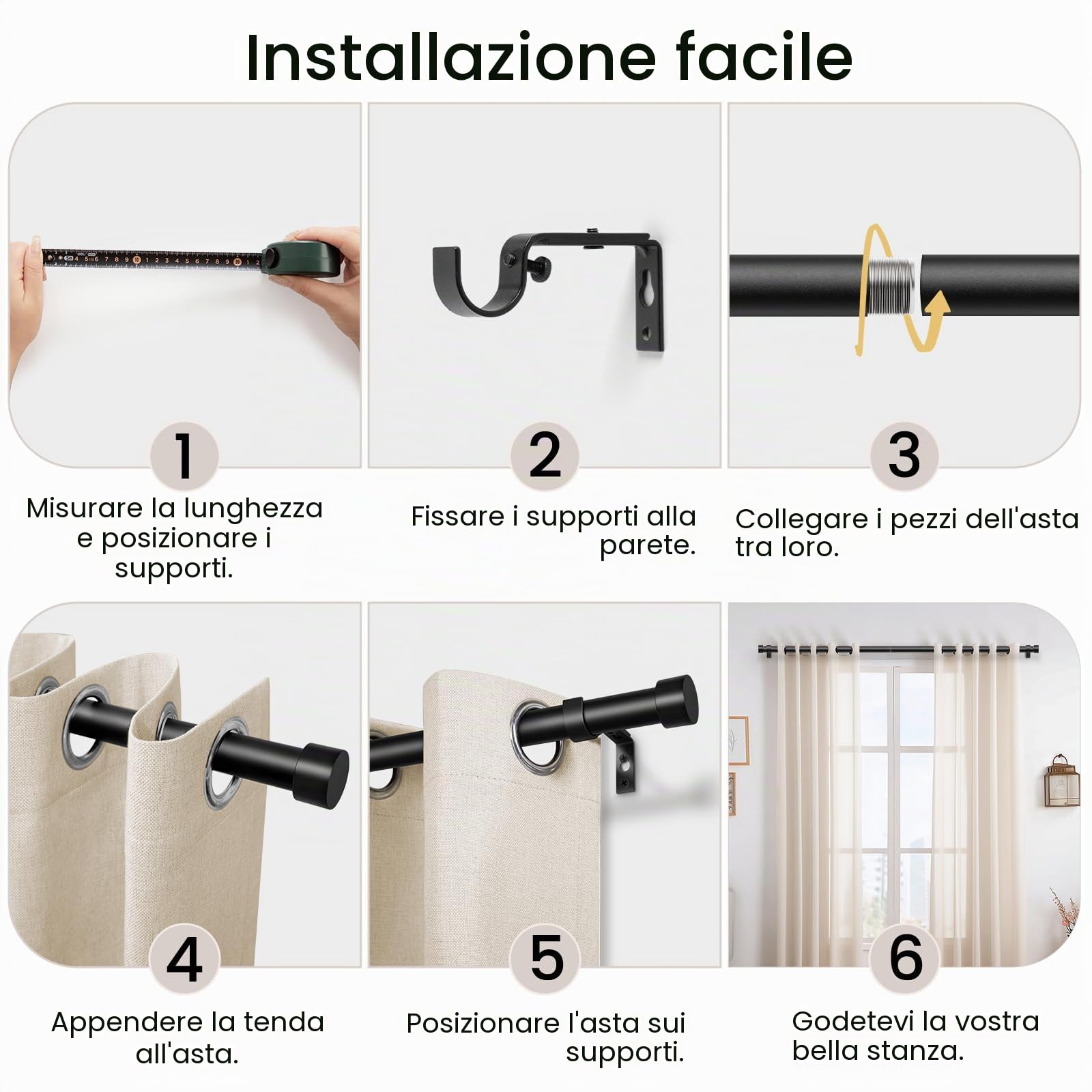 Bastone per Tende Nero, 80-183 cm Regolabile, Asta Estensibile con Terminali a Cilindro e Staffe