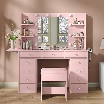 FUSOU Vanity Desk with Power Outlet, 11 Drawers Makeup Vanity with Lighted Mirror, 3 Colors Adjustable, Glass Top Vanity with Chair, 4 Shelves and Fold-up Panel, Dressing Table for Bedroom, Pink