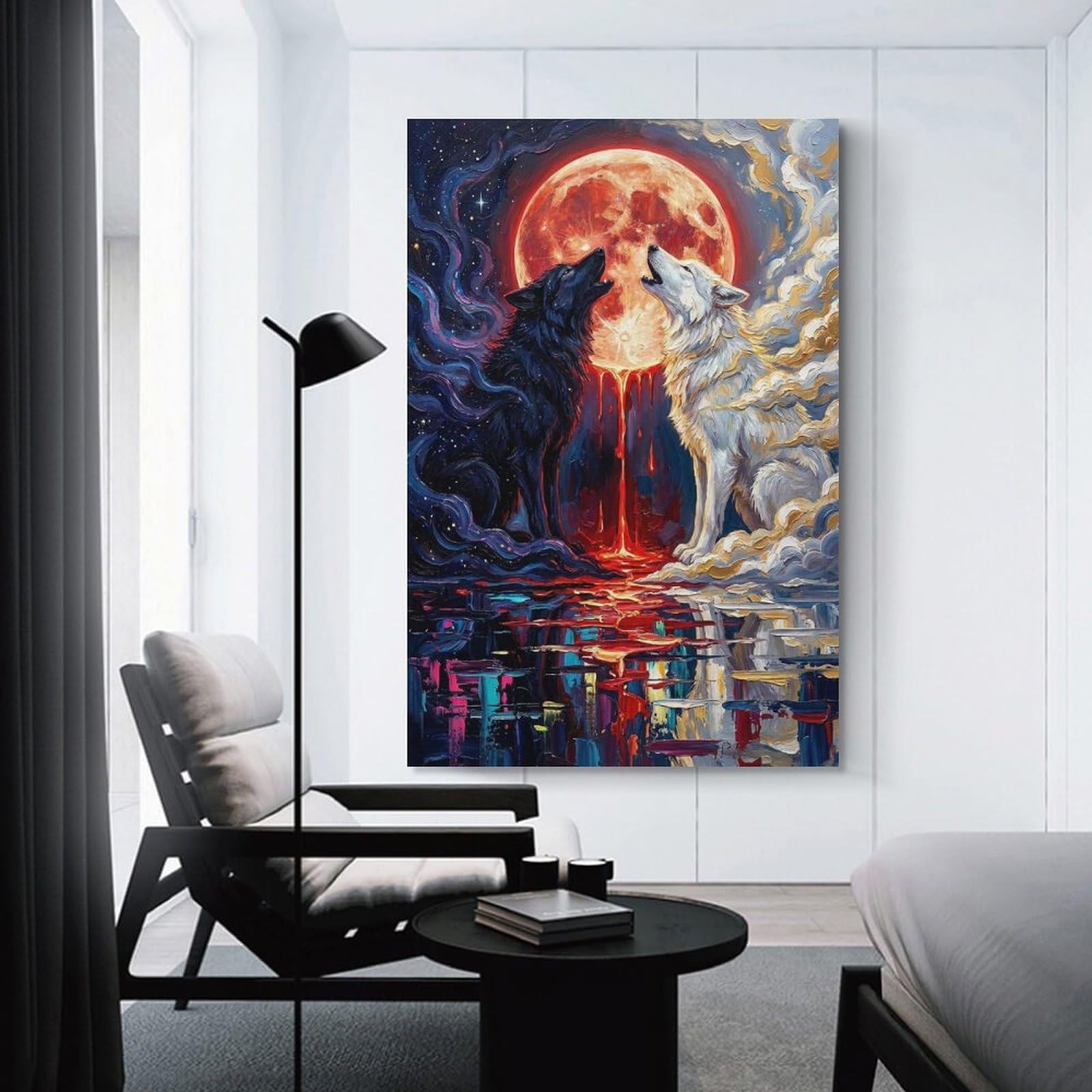 Junmoney Unframe-Style-11 Wolves Howling At The Blood Moon Hanging Wall Art, 24X36inch(60X90cm), For Bedroom Decor, Cosy Corners Or Studios, An Easy Wall Refresh For Bedrooms