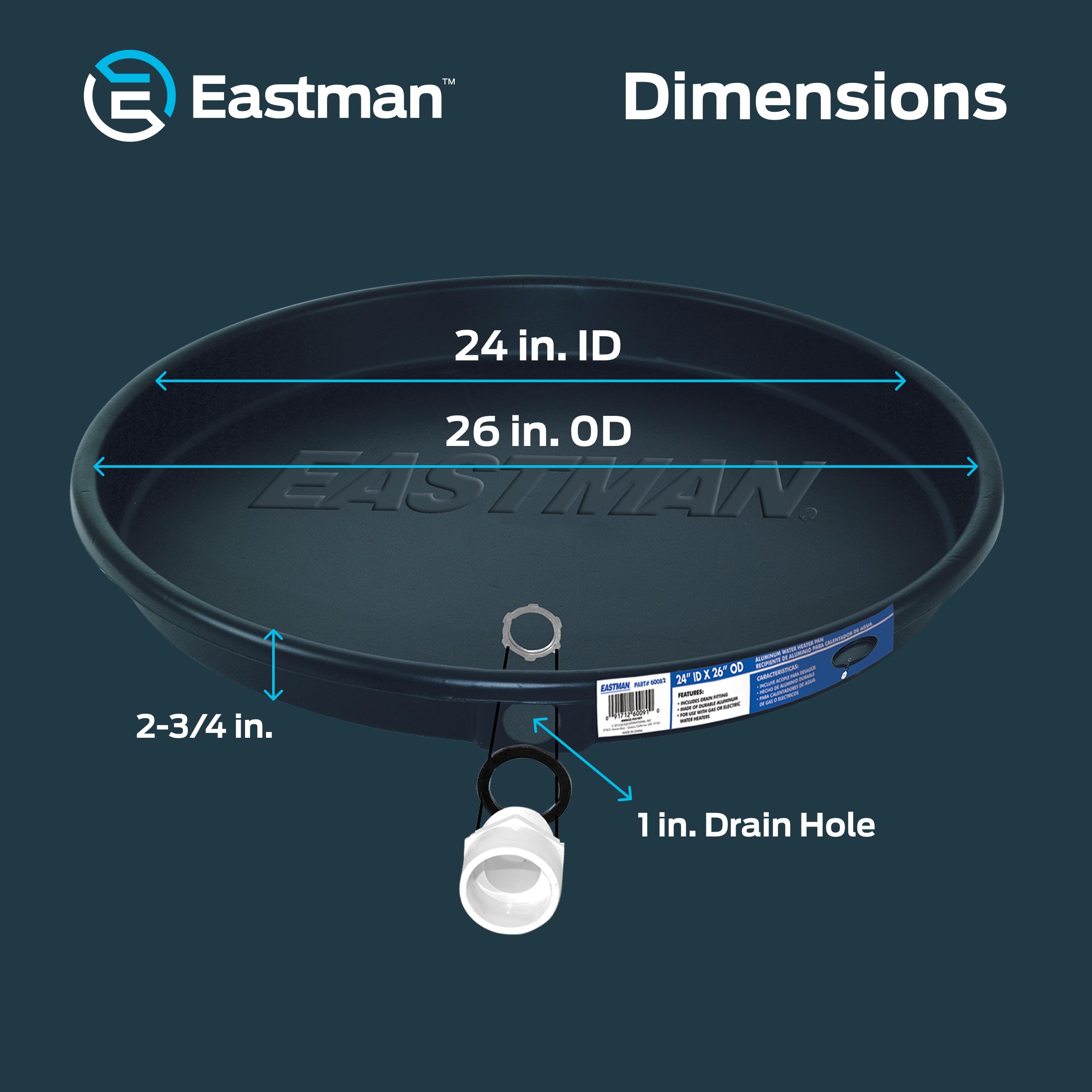 Eastman Water Heater Drain Pan with PVC Fittings, 24 Inch ID x 26