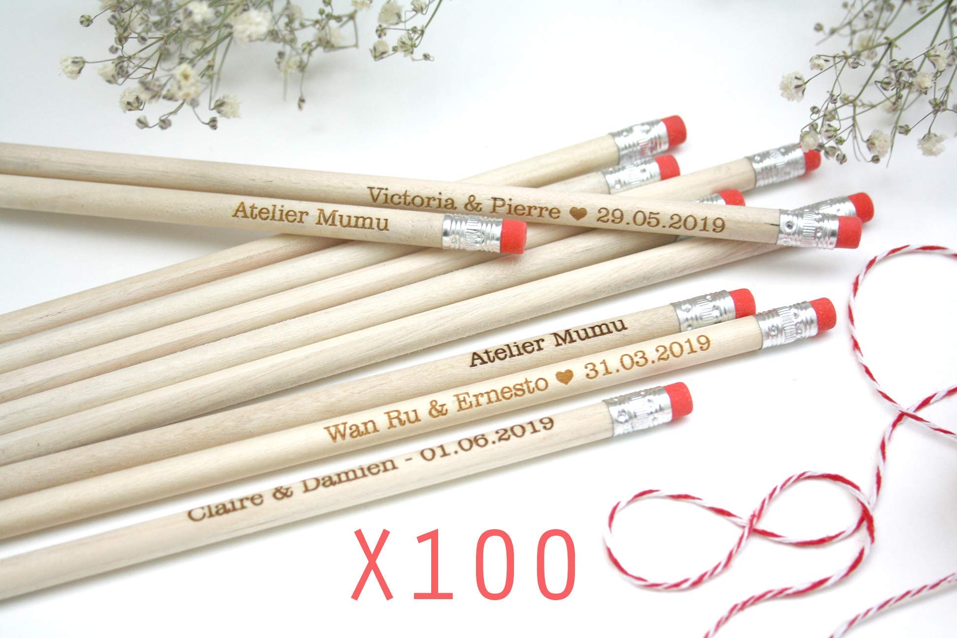 100 matite di legno con testo personalizzato, gruppo x100 matite, personalizzabile, per matrimonio, gomma di colore rosa, regalo per gli ospiti