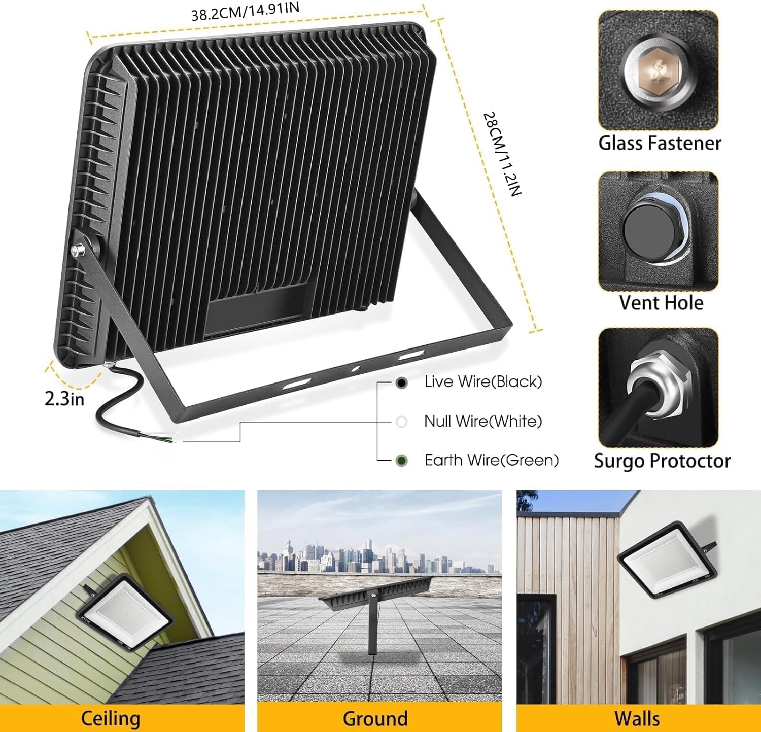 XYCN 3 pack 300W LED Flood Light,Super Bright Daylight (2000W Equivalent)42,500LM 5000K IP66 Waterproof Security Outdoor LED Arena Lights Commercial Lighting Floodlight for Backyard|Court|Stadium|Yard