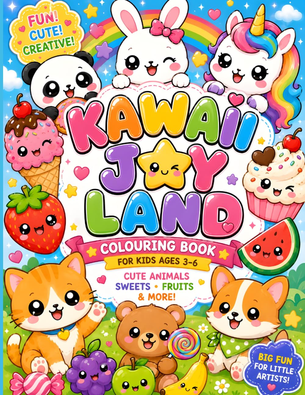 Kawaii Joy Land: Cute Animals, Sweet Treats & Fun Fruits – Easy and Adorable Coloring Pages for Kids Ages 3–6
