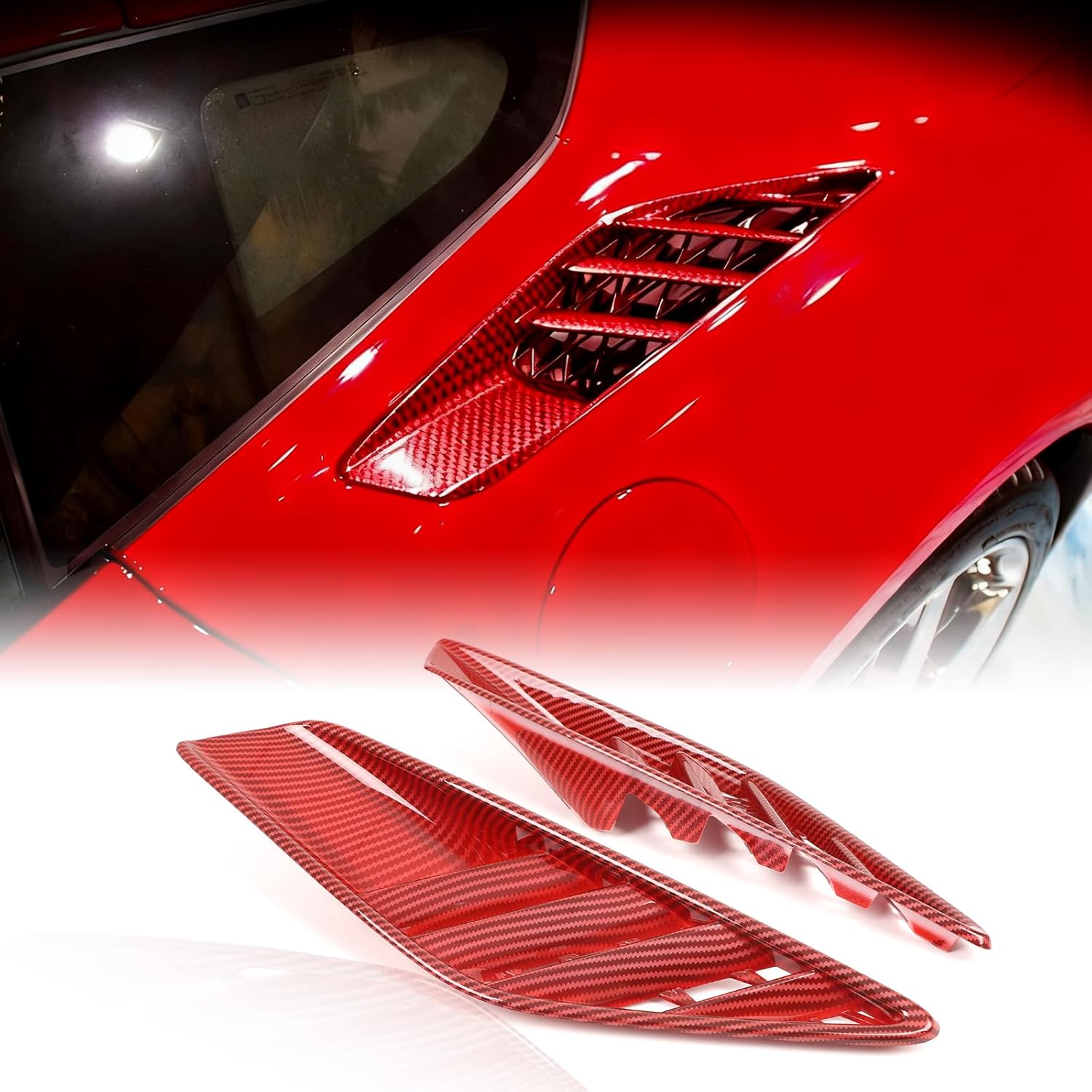 Rear Upper Quarter Panel Scoops Vents Trims for 2014-2019 Corvette C7 Stingray Z06 Z51 ABS Carbon Fiber Style Rear Side Body Look Cover C7 Accessories (Red)