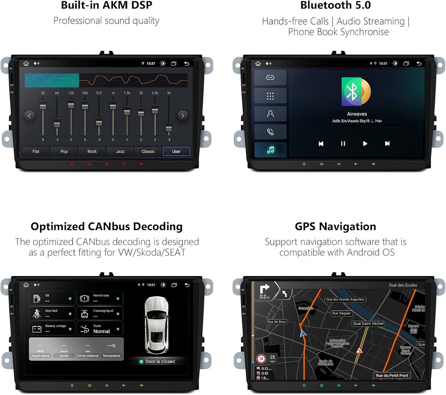 Screenshots of Car Play and Android Auto interfaces on the XTRONS car stereo, showing app icons and voice control feature.