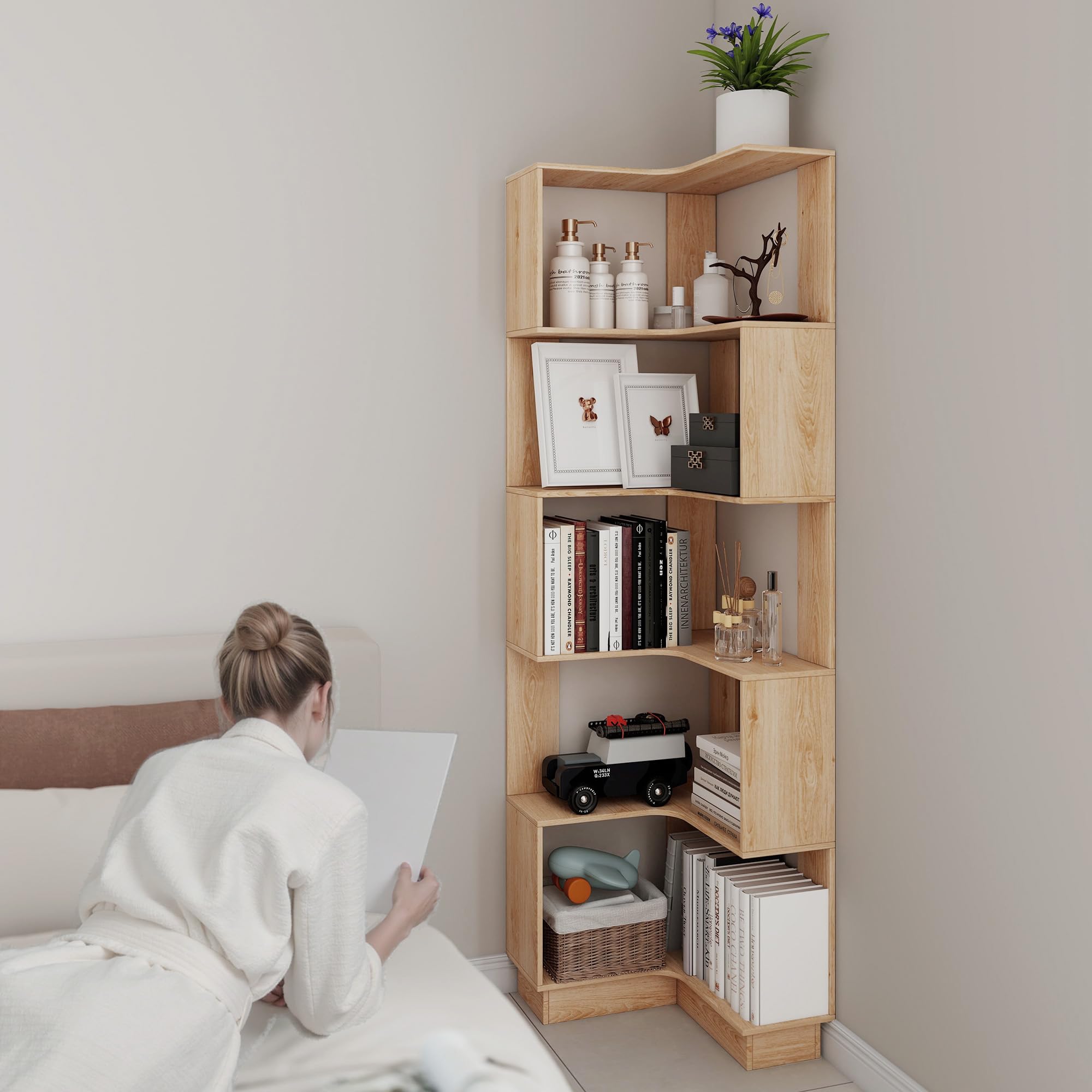 Nisorpa Bibliothèque d'angle à 5 niveaux sur pied, étagère d'angle haute en bois, vitrine pour salon, chambre à coucher, bureau