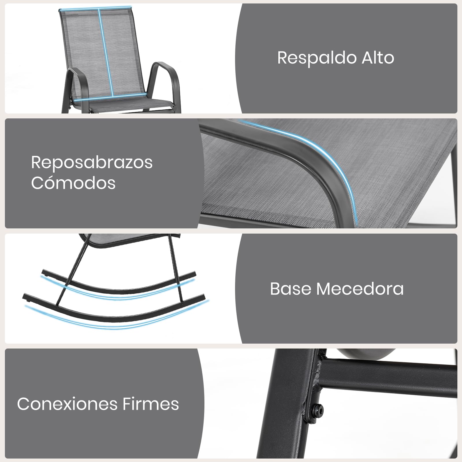 GIANTEX Juego de 2 Mecedoras para Patio, Ergonómicas para Exterior con Tela Transpirable, Sillón de Metal Resistente para Porche, Terraza, Jardín (Gris)