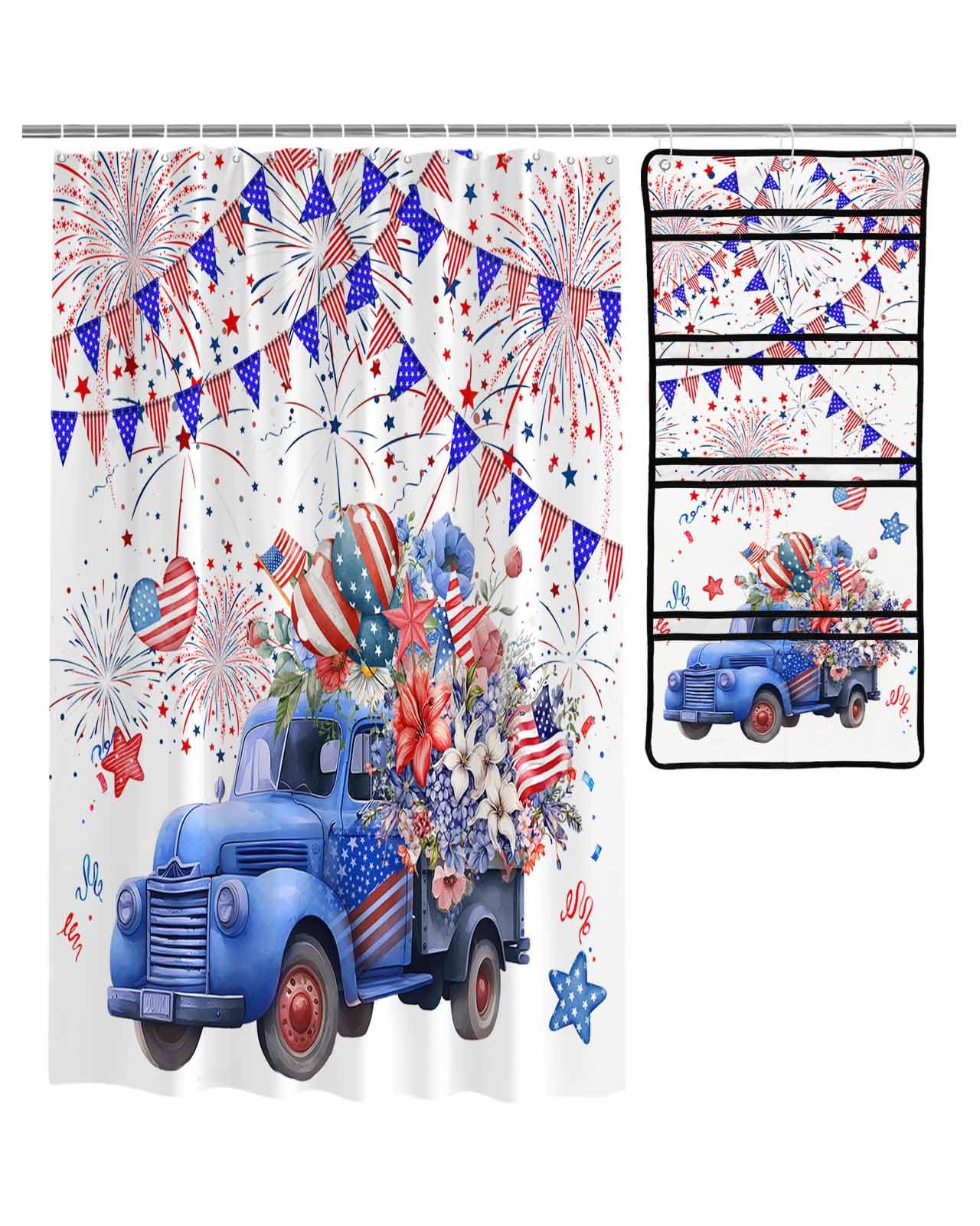 ZFUNCING Shower Curtain Mesh Shower Organizer Set Independence Day Blue Truck Flower Waterproof Bath Curtains Hanging Shower Caddy