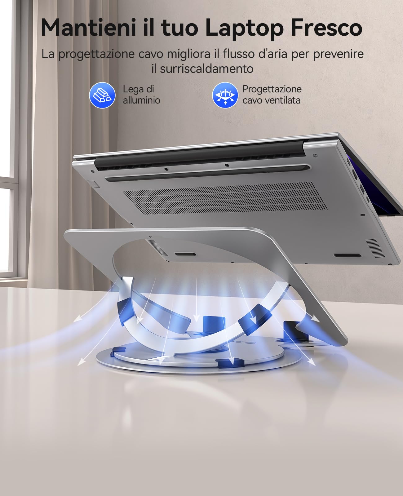ORICO Supporto PC Portatile Regolabile, Laptop Stand Ventilato con Base Girevole a 360°, Supporto Laptop Ergonomico Pieghevole per Scrivania, Compatibile con Notebook da 10-17" - NS1, Argento