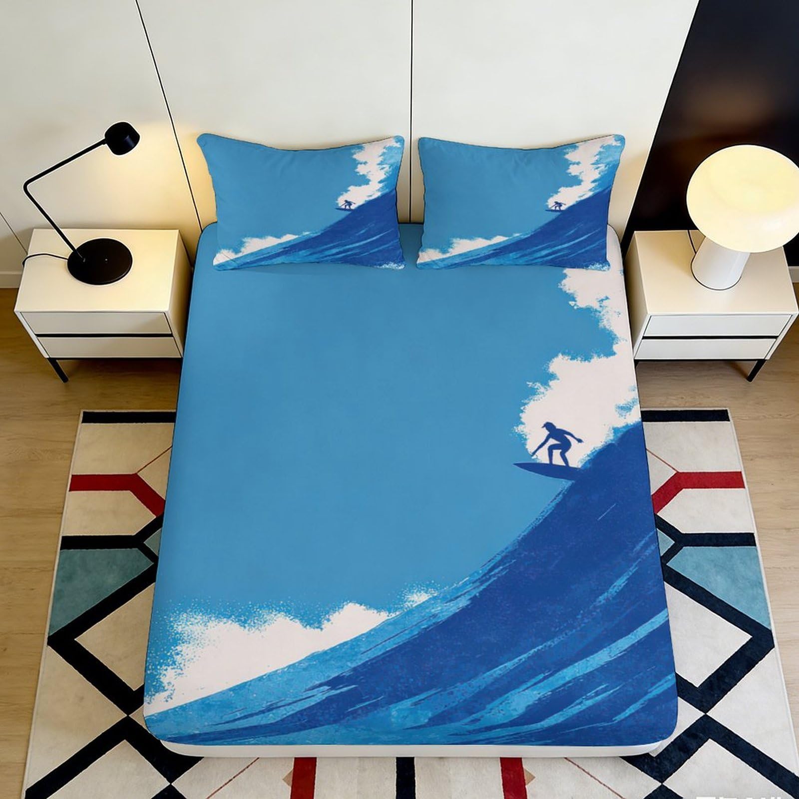 3D Printed Surf Wave Fitted Sheet Microfiber Deep Pocket Elastic Hem Surf Wave Mattress Fitted Cover Washable for Bedroom 90x200x25cm