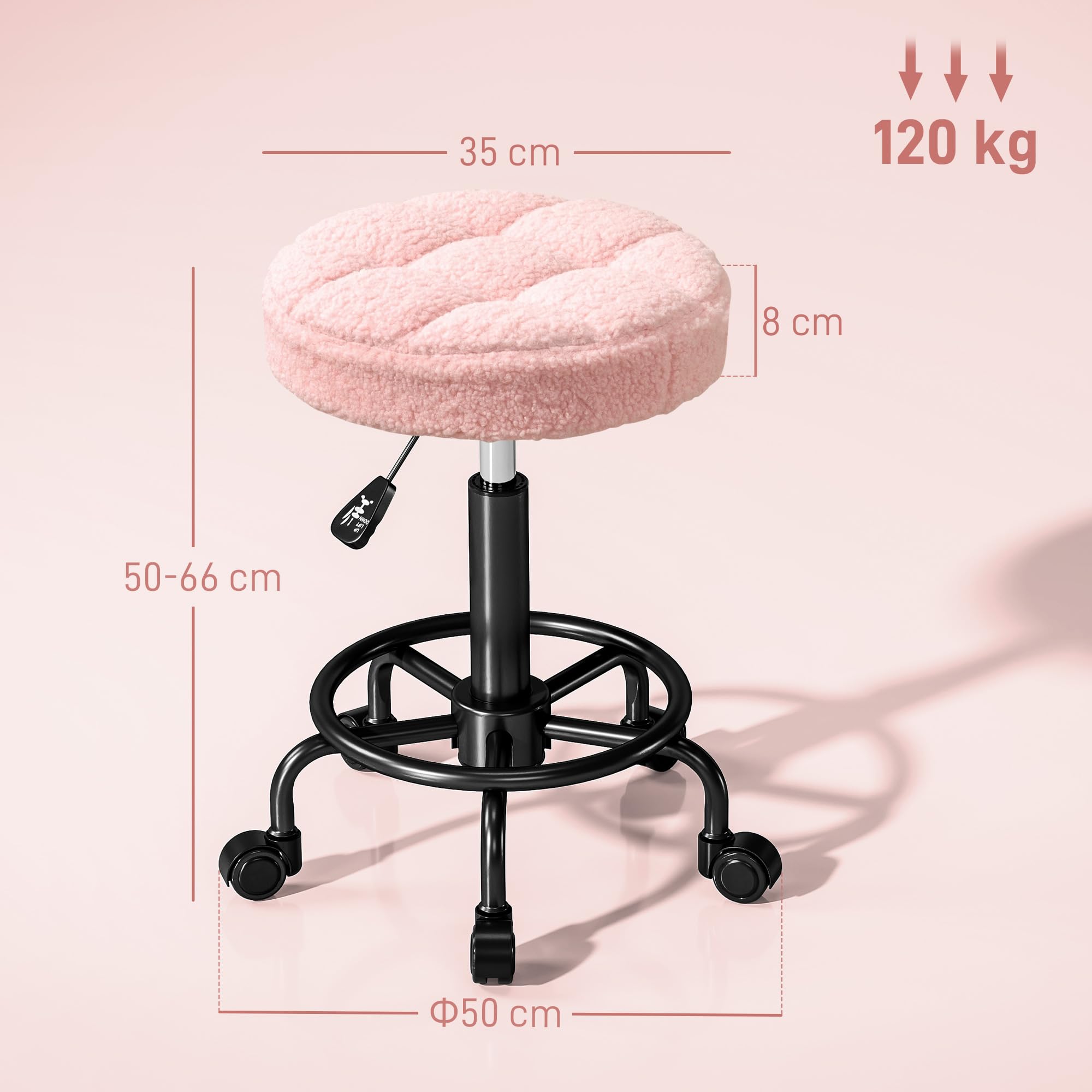 HOMCOM Taburete Giratorio Redondo Taburete con Ruedas Altura Regulable 50-66 cm Asiento Tapizado en Tejido de Borreguito para Salones Talleres SPA Masaje Rosa