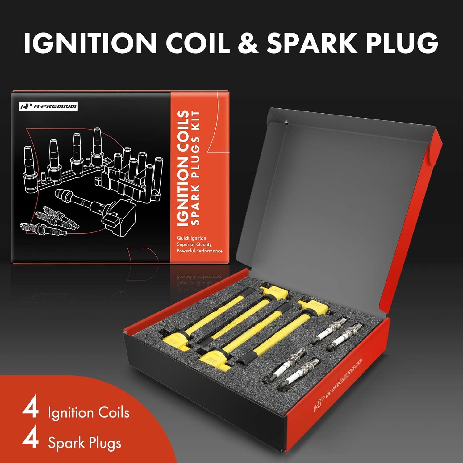 A-Premium (Yellow) Set of 8 Ignition Coil Pack and Iridium Spark Plugs Compatible with Acura TSX 2004 2005 2006 2007 2008, 2.4L