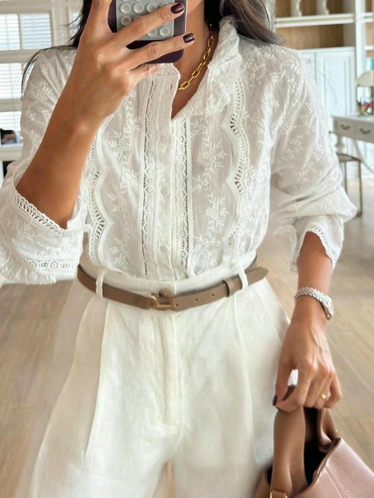 Bluse Damen Damenbluse Im Bohème-Stil Mit Stehkragen, Lochstickerei Und Langen Ärmeln