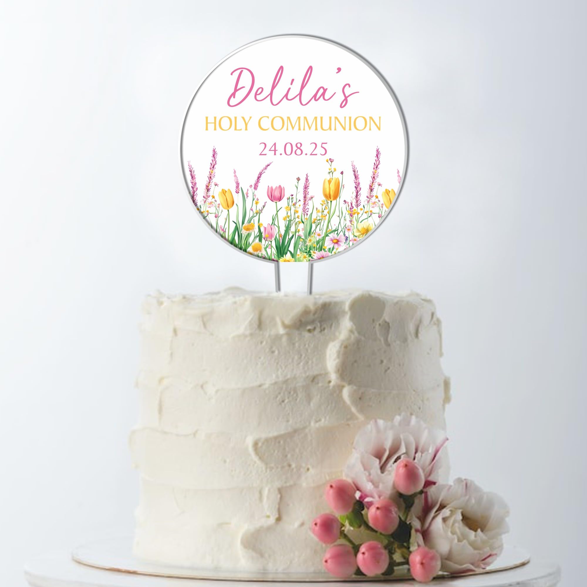 Personalised Floral Acrylic Cake Topper – Custom Child's Name & Date in Blue Pink Yellow for Christening Communion Confirmation Religious Ceremonies (Pink & Yellow, Holy Communion)