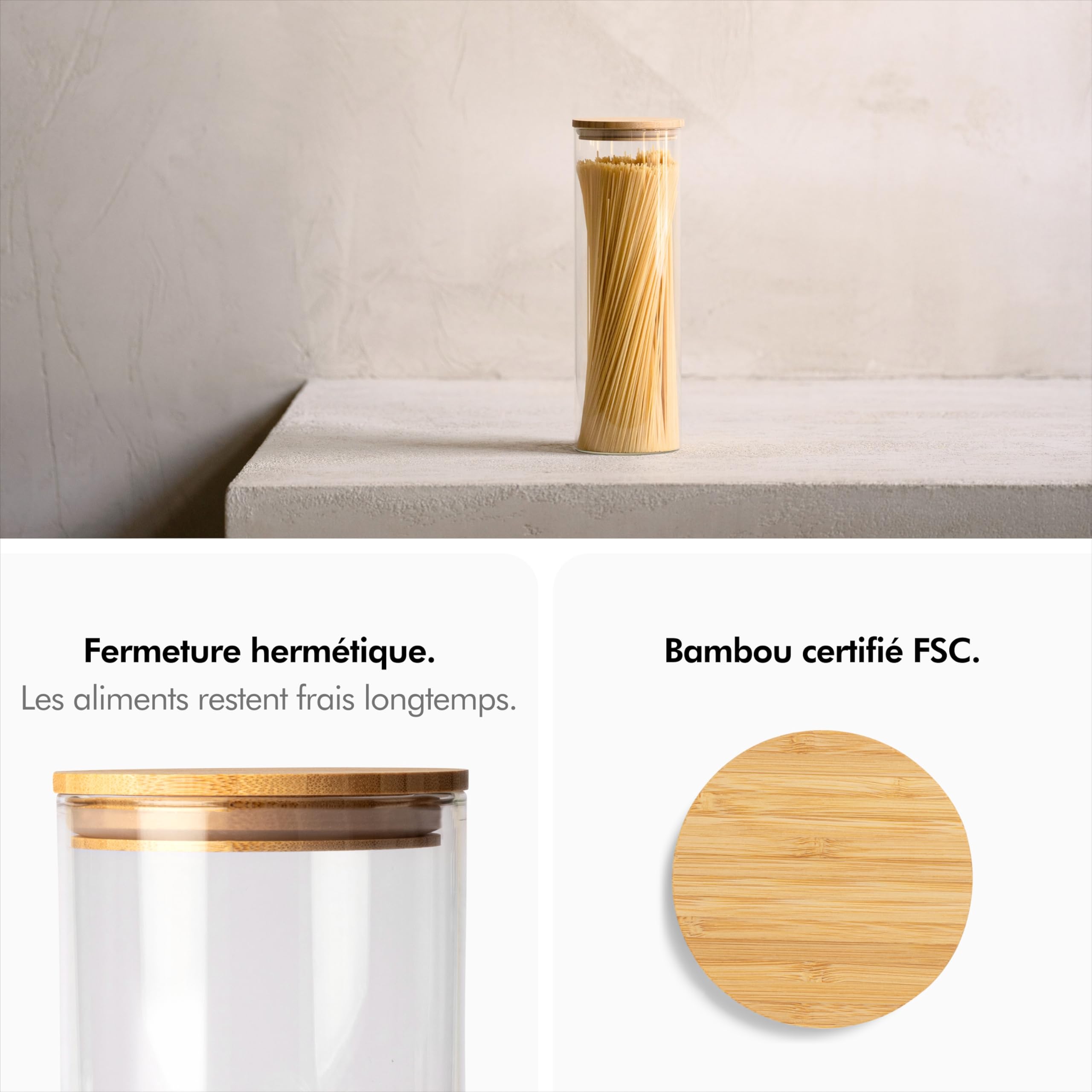 Set De 4 Bocaux En Verre Hermétiques KIVY - 1200ml Avec Couvercles Bambou | Conservation Aliments