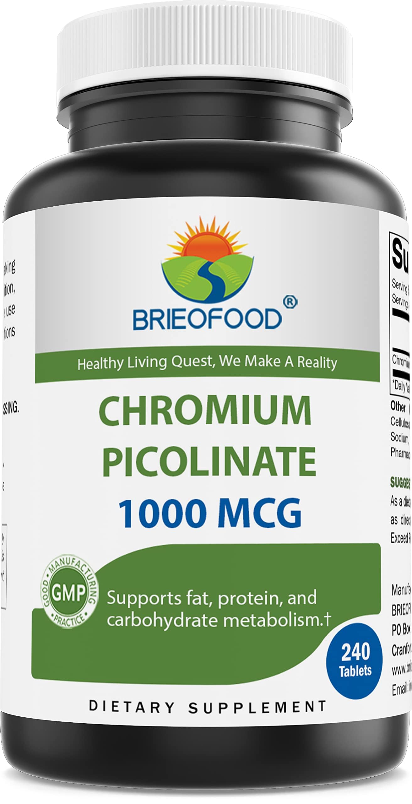Brieofood Chromium Picolinate 1000 mcg Pills - 240 Tablets - 240 Servings - Non-GMO, Gluten Free