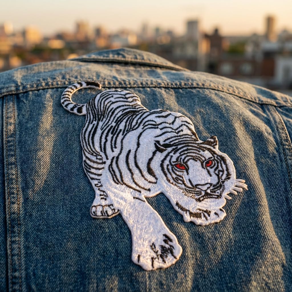 White Tiger Iron On Patch 4x6 Inch, Embroidered Animal Applique for Jackets Backpacks, Siberian Tiger DIY Wildlife Craft Decor