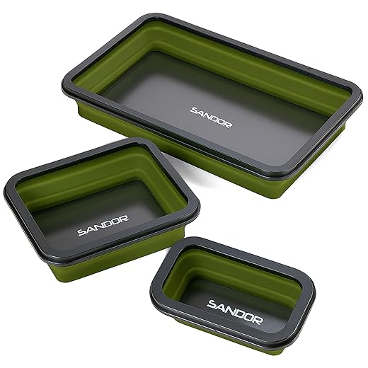Collapsible Magnetic Parts Tray Set - 3 Different Size Tool Trays for Screw, Bolts, Nuts, Washers, Pins and Other Small Metal Parts, Mechanic Tool Gifts for Men - Olive Green