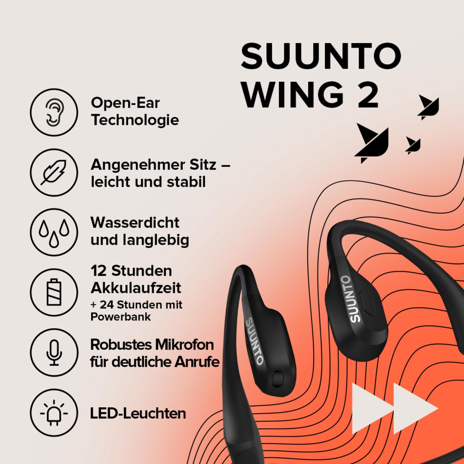 SUUNTO Wing 2 Knochenschall Kopfhörer, Open-Ear Sport Ohrhörer, IP66 Wasserdicht, Bis zu 36 Std Akkulaufzeit mit Powerbank, LED Leuchte für Sicherheit, Robustes Mikrofon für Deutliche Anrufe