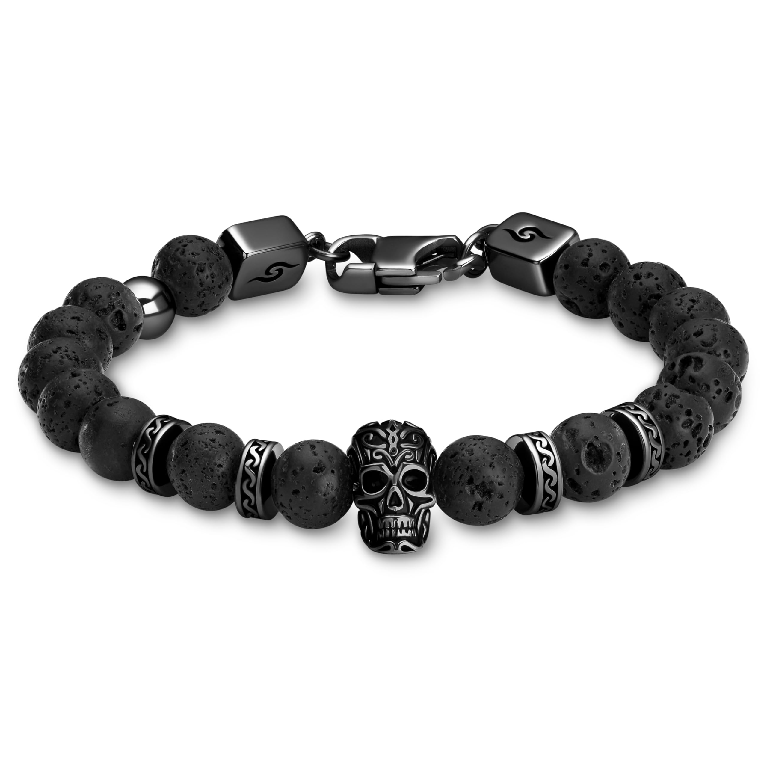 Arkai by Trendhim Perlenarmband Herren | Steinarmband mit Natursteinen, Edelstahl Totenkopf & Messingkarabiner | Männer Schmuck im Dänischen Design