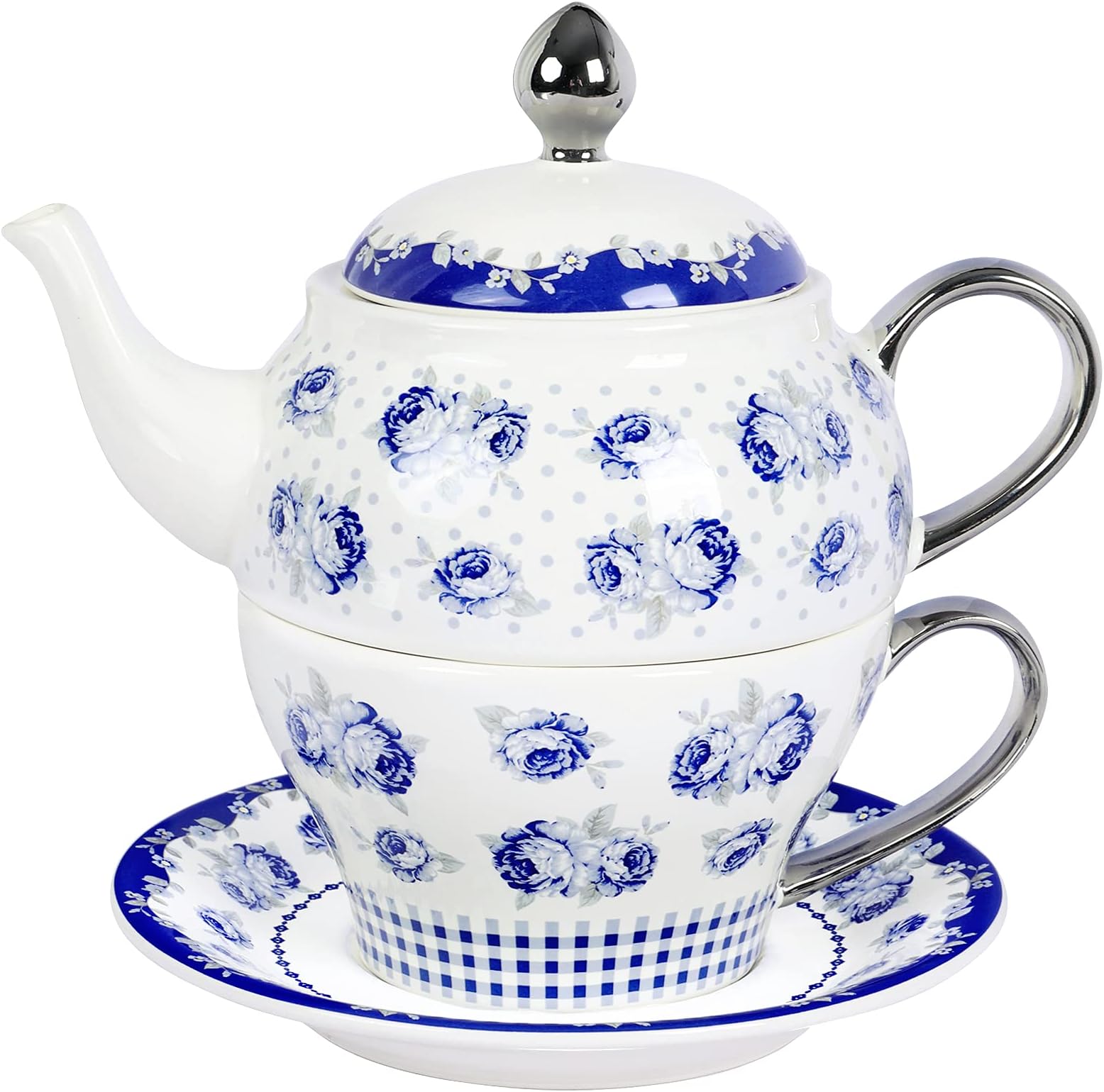 Porcelain Tea for One, Blue Roses and Polka Dots Teapot with Cup,Saucer