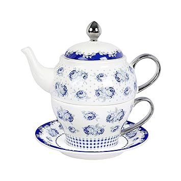 fanquare Porcelain Tea for One, Blue Roses and Polka Dots Teapot with Cup,Saucer