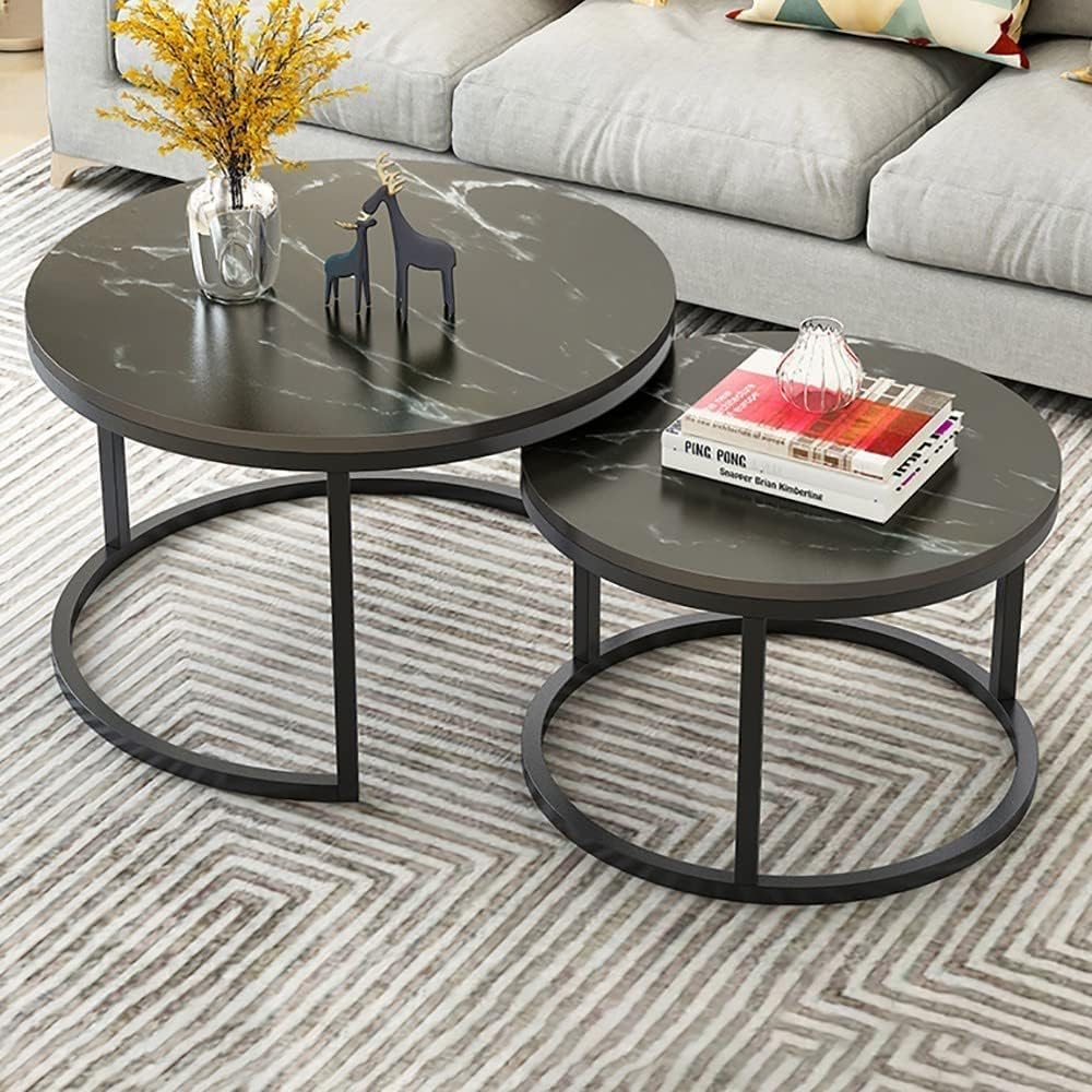 Nesting Coffee Table Set of 2,Round Coffee Table Wood Grain Top,for Living Room,Round Wooden Accent Coffee Table with Solid Powder-Coated Metal Frame(Black)
