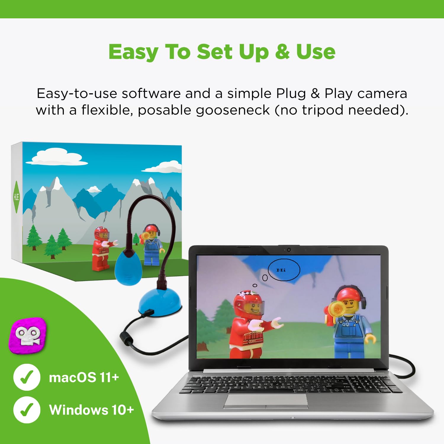 HUE Animation Studio: Kompletny Zestaw do Animacji Poklatkowej Stop Motion (Kamera, Oprogramowanie, Książka w języku angielskim) dla Windows/macOS (niebieska kamera z etui)