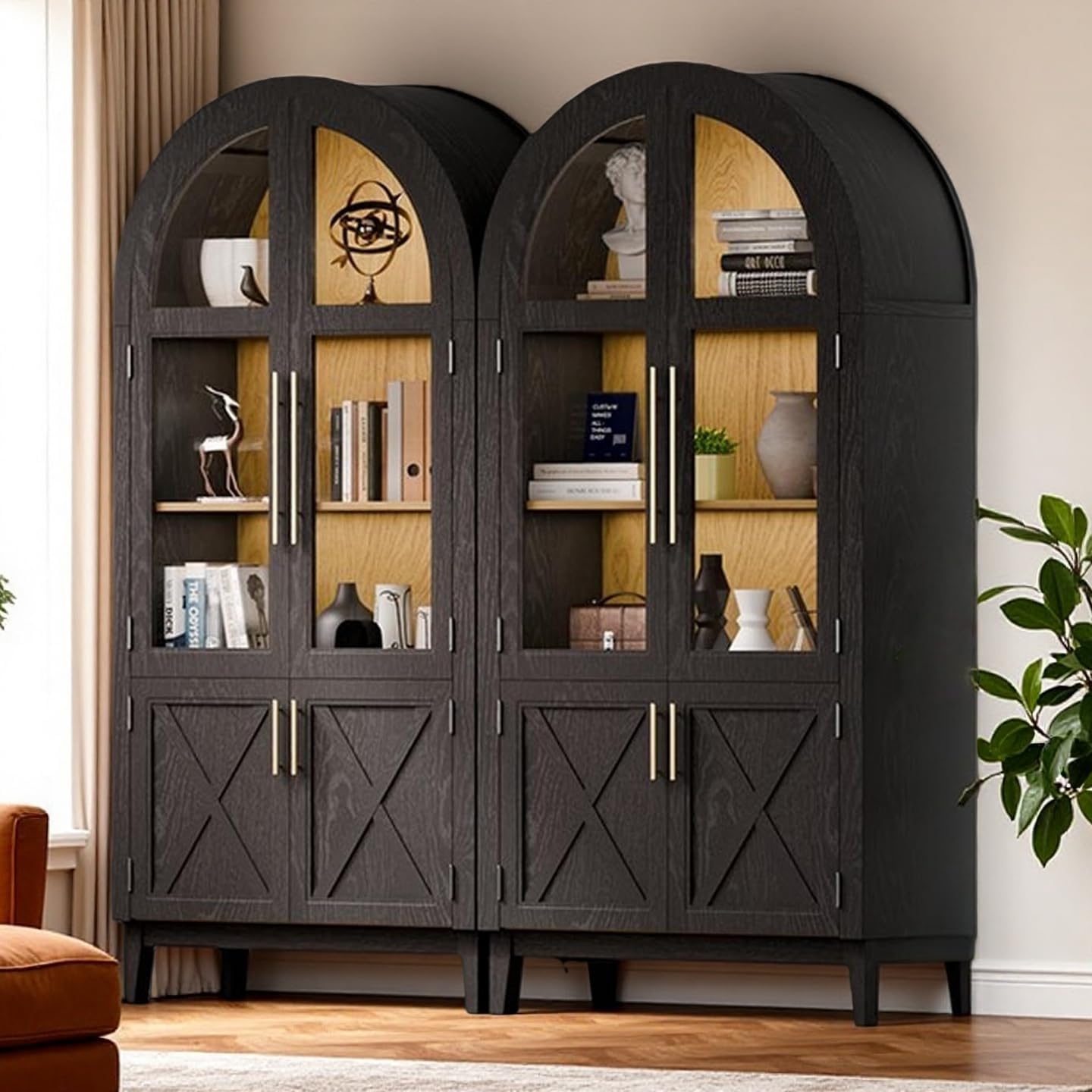 74.3'' Arched Storage Cabinet with Glass Doors, 5-Tier Wooden Arched Bookcase China Cabinet, Tall Pantry with Adjustable Shelves for Living Room Dining Room Kitchen, Black+Wood