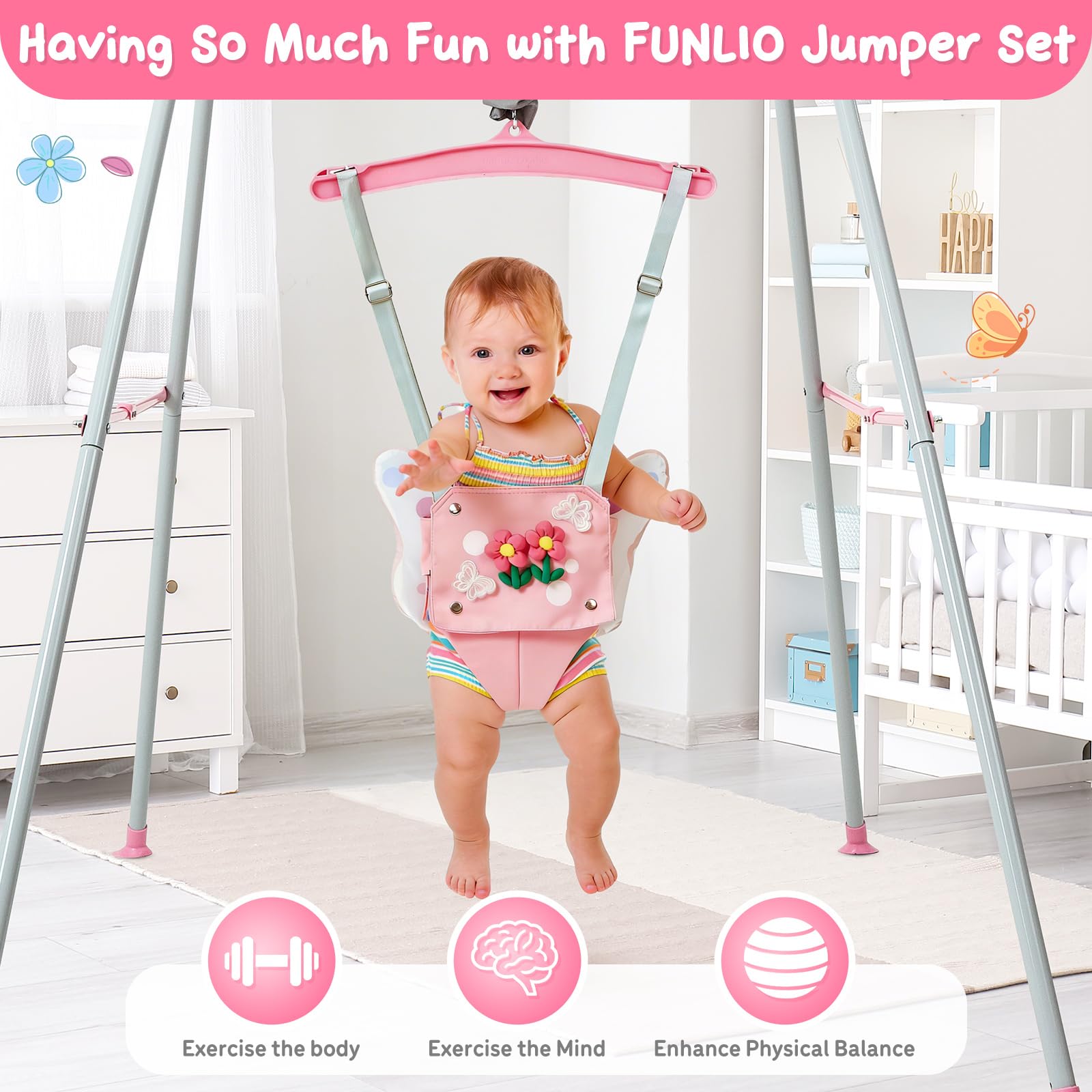 FUNLIO Baby-Hüpfsitz mit Ständer für 6–24 Monate, verstellbare Kette, Rosa Schmetterling