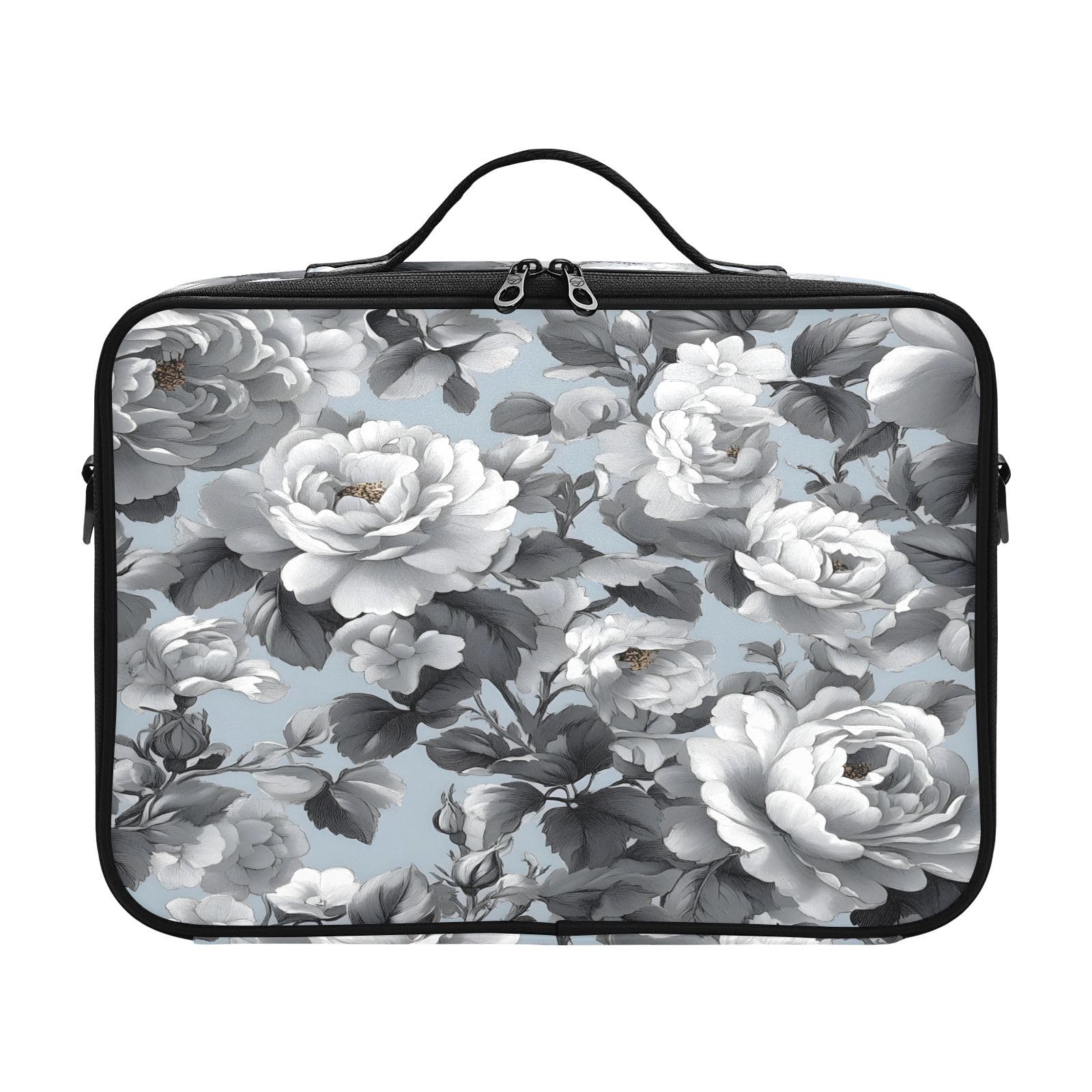 zyrtty Travel Makeup Train Case Grey Black Flower Pattern Cosmetic Organizer Portable Storage Bag with Adjustable Dividers for Cosmetics Brushes Toiletry Jewelry Digital Accessories