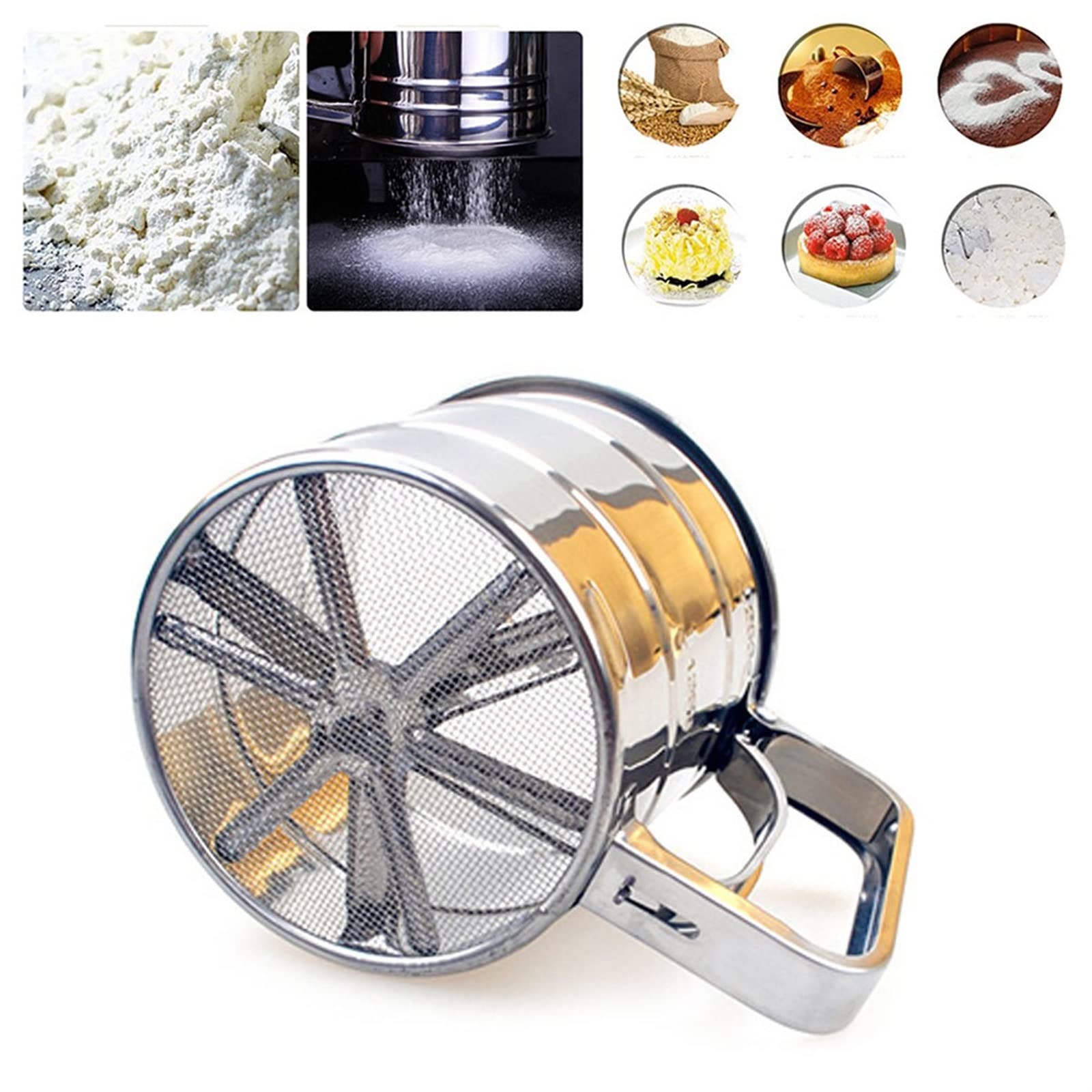 Mesh-Sieb, Edelstahl-Shaker-Siebbecher, Mesh-Kurbel-Mehlsieb mit Messskala for Mehl, Puderzucker