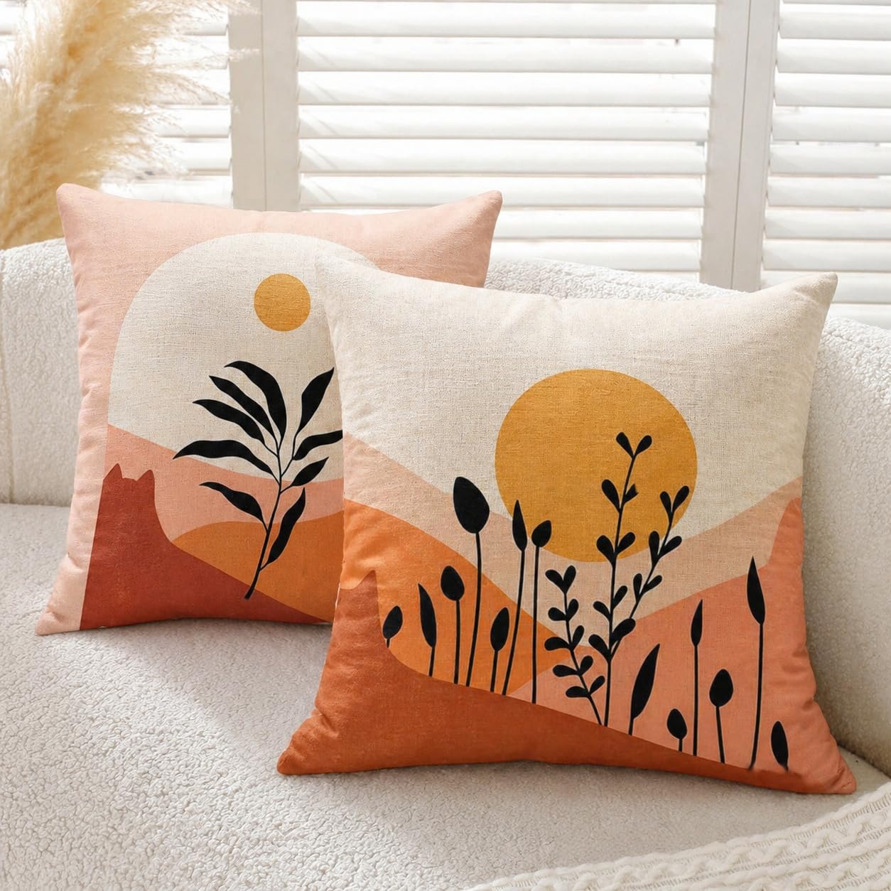 Gemdoit Abstract Landscape Cushion Covers 45x45cm - Modern Boho Style with Sun and Plant Design - Decorative Throw Pillow Covers for Sofa, Living Room, or Bedroom - Set of 2